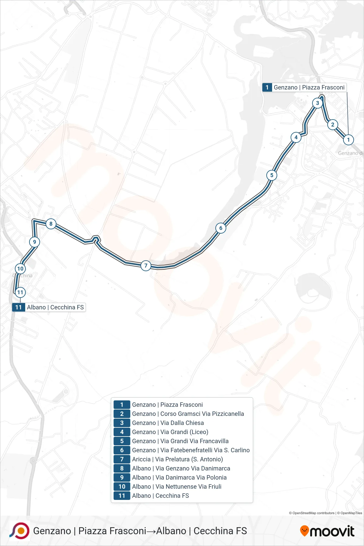 Linea COTRAL bus (Genzano | Piazza Frasconi→Albano | Cecchina FS) - Percorsi e fermate sulla mappa