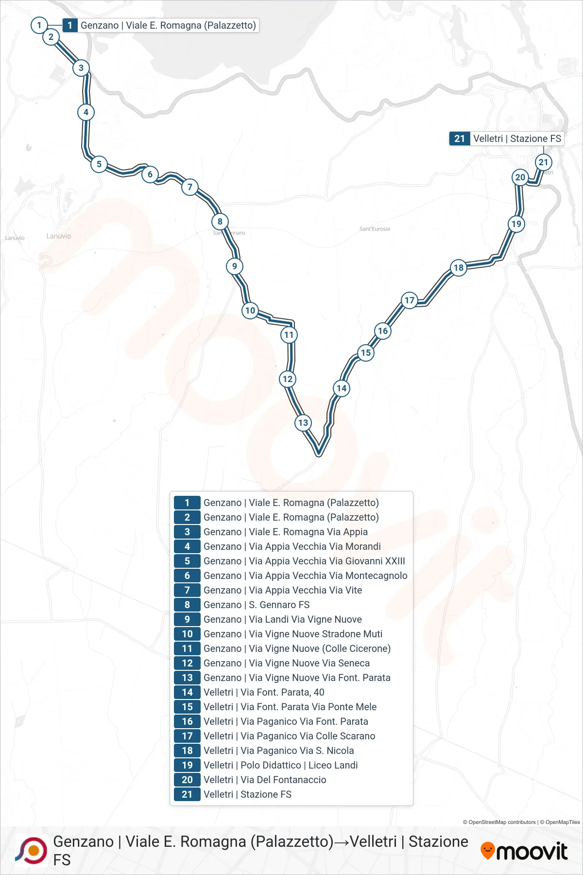 COTRAL bus Line (Genzano via Emilia Romagna (Sports Center)→Velletri Train Station) route and stops on a map