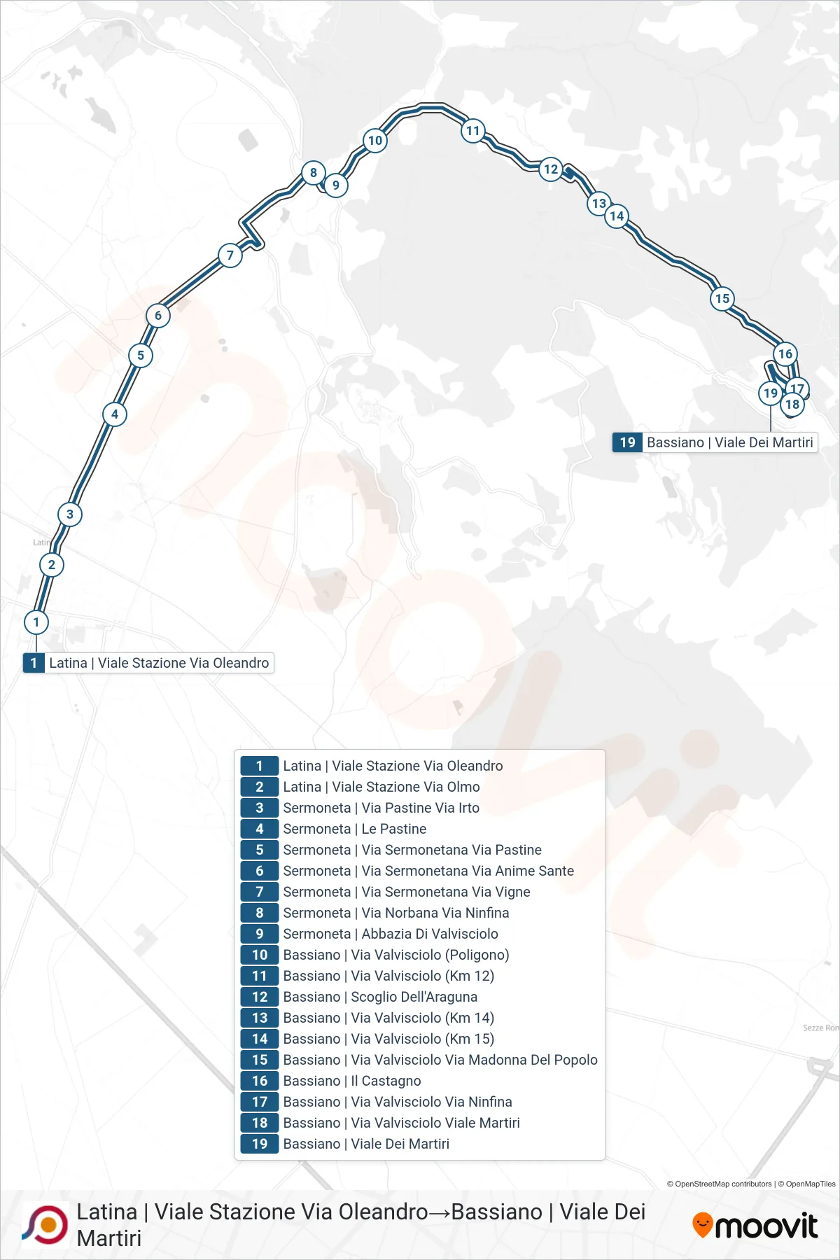 Linea COTRAL  bus (Latina | Viale Stazione Via Oleandro‎→Bassiano | Viale Dei Martiri) - Percorsi e fermate sulla mappa