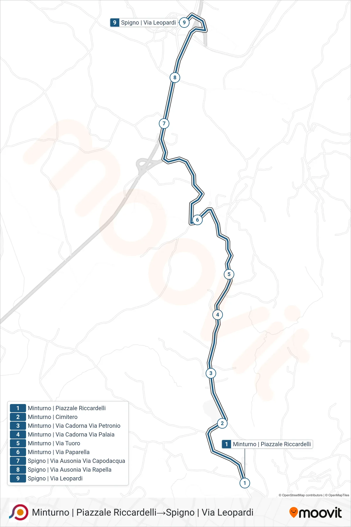 Linea COTRAL bus (Minturno | Piazzale Riccardelli→Spigno | Via Leopardi) - Percorsi e fermate sulla mappa