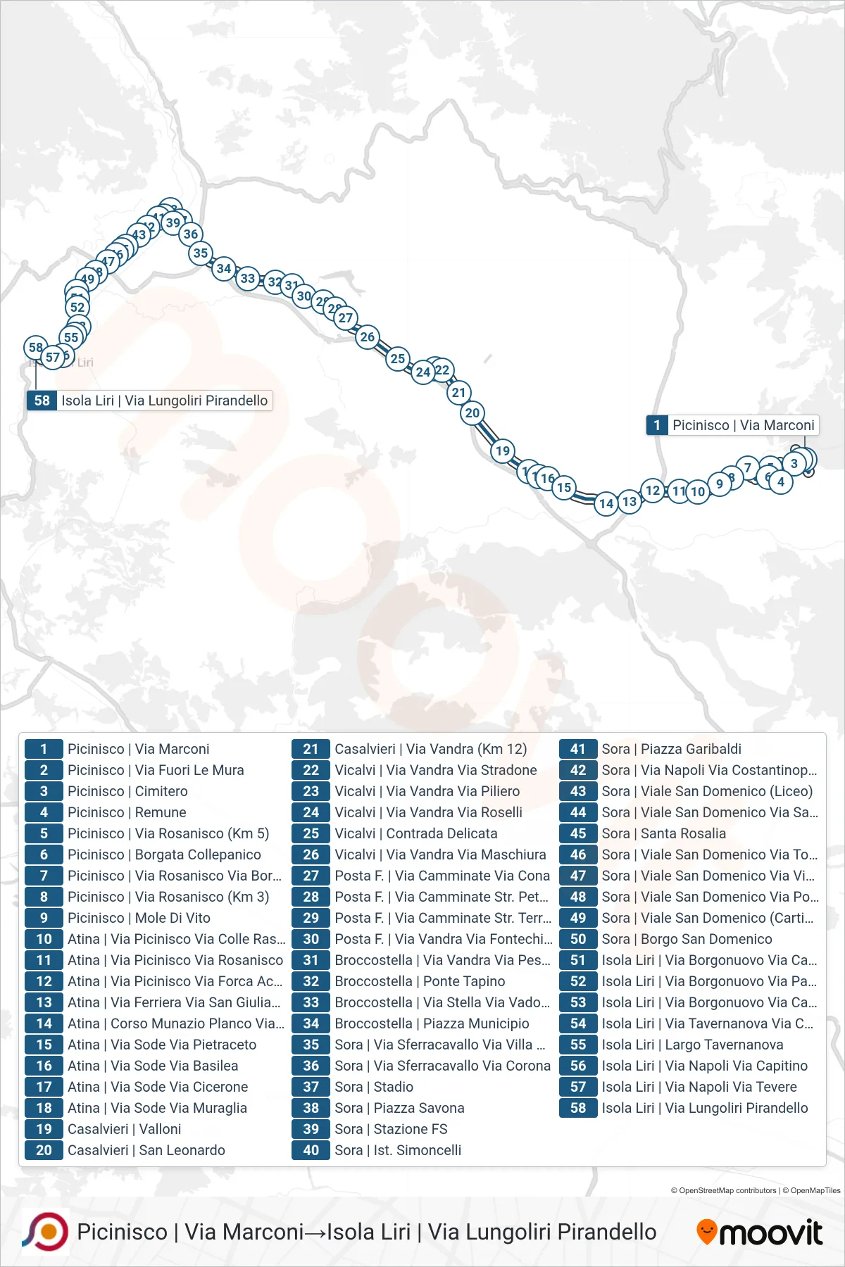 Linea COTRAL bus (Picinisco | Via Marconi→Isola Liri | Via Lungoliri Pirandello) - Percorsi e fermate sulla mappa