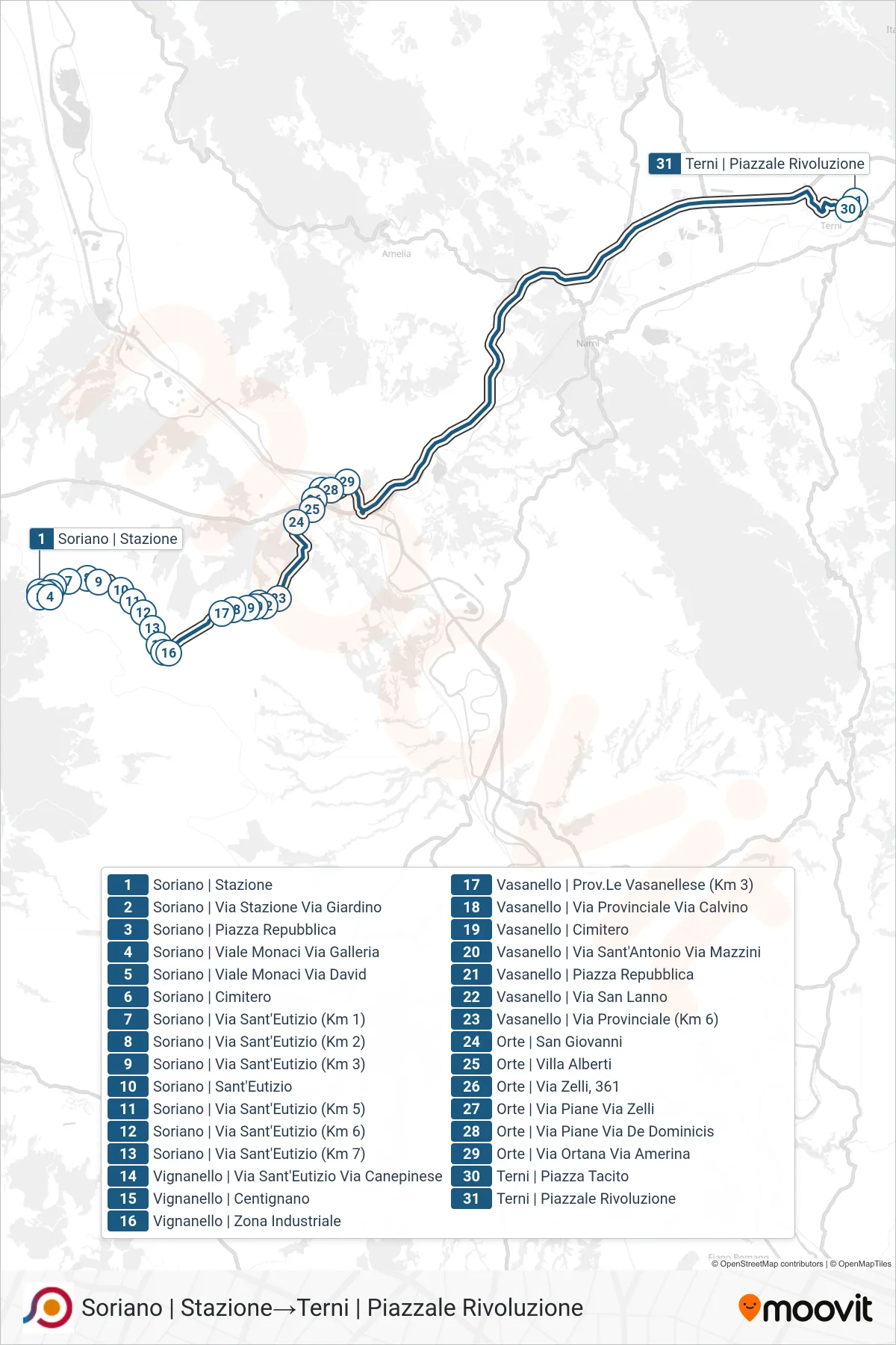 Linea COTRAL bus (Soriano | Stazione→Terni | Piazzale Rivoluzione) - Percorsi e fermate sulla mappa