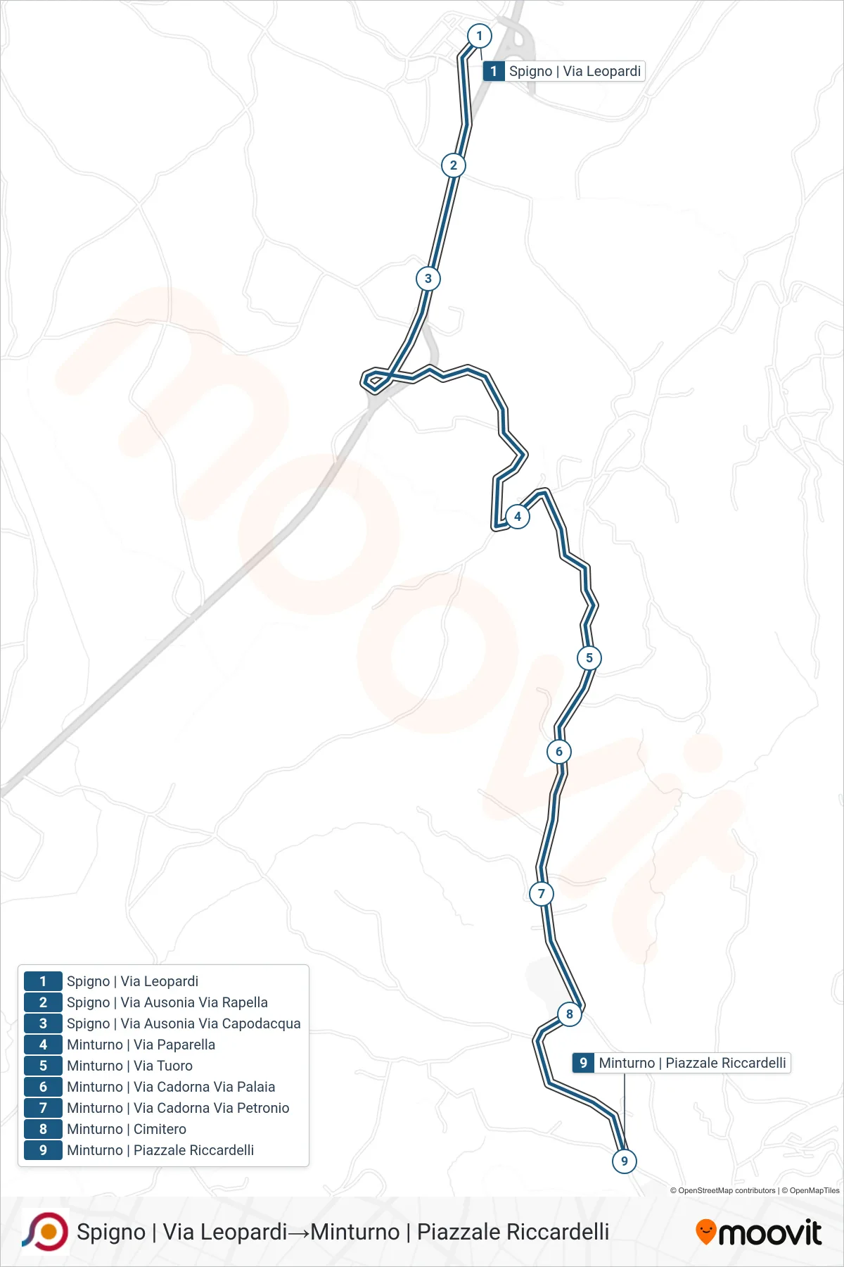 Linea COTRAL bus (Spigno | Via Leopardi→Minturno | Piazzale Riccardelli) - Percorsi e fermate sulla mappa