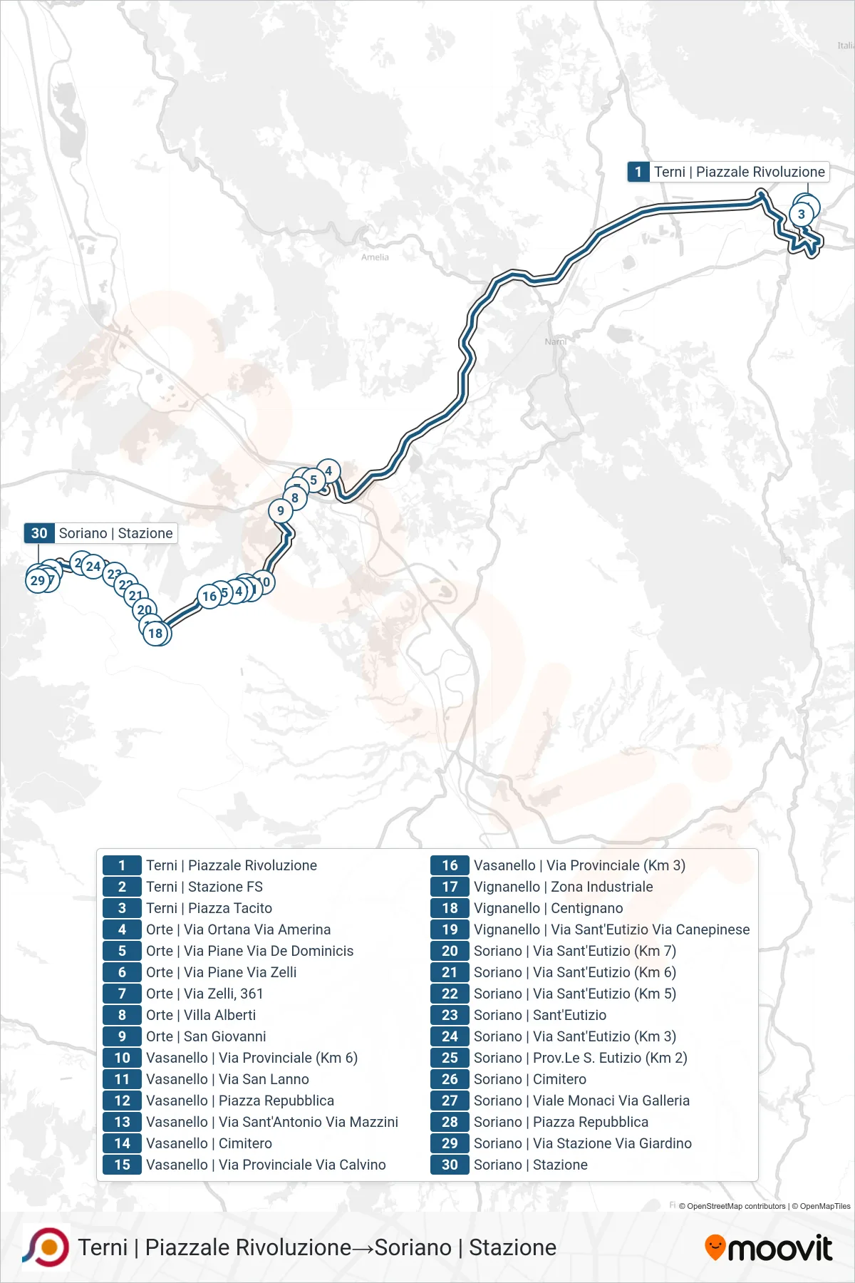 Linea COTRAL bus (Terni | Piazzale Rivoluzione→Soriano | Stazione) - Percorsi e fermate sulla mappa