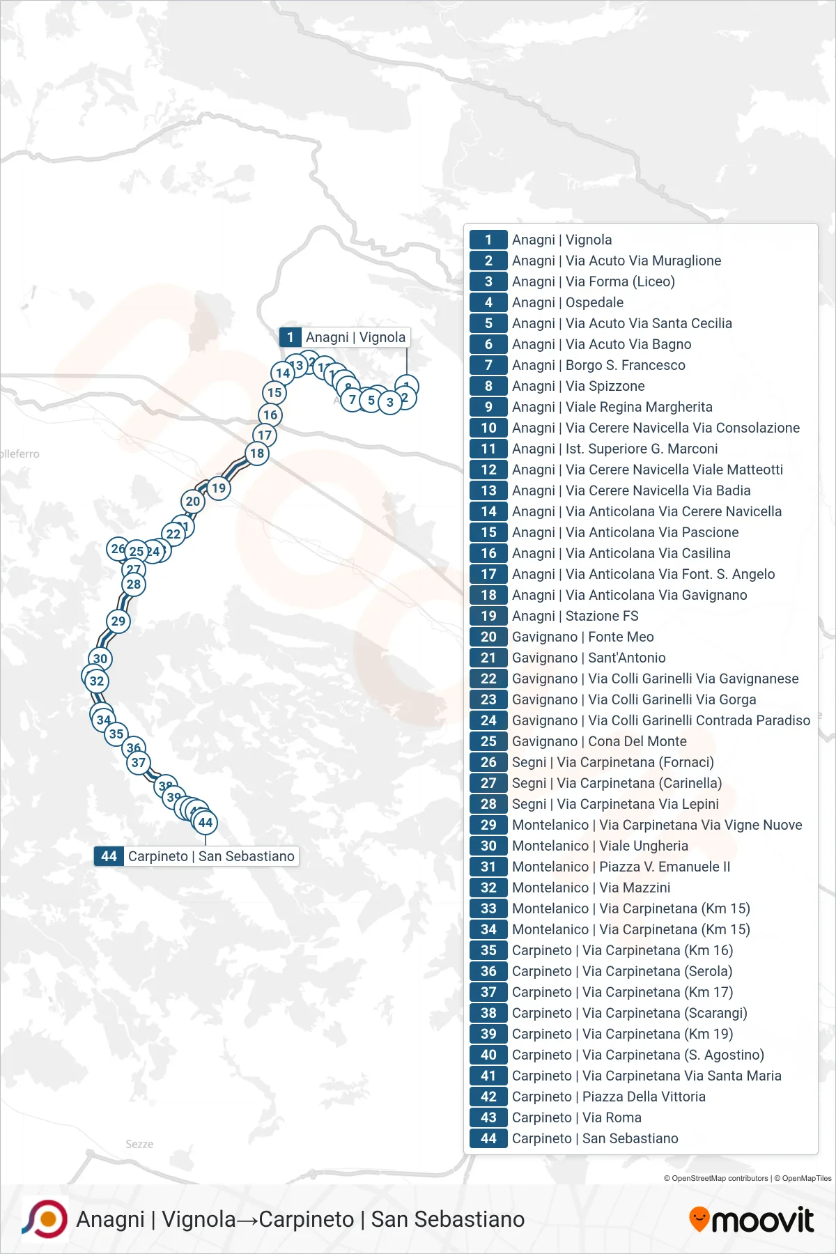 Linea COTRAL bus (Anagni | Vignola→Carpineto | San Sebastiano) - Percorsi e fermate sulla mappa