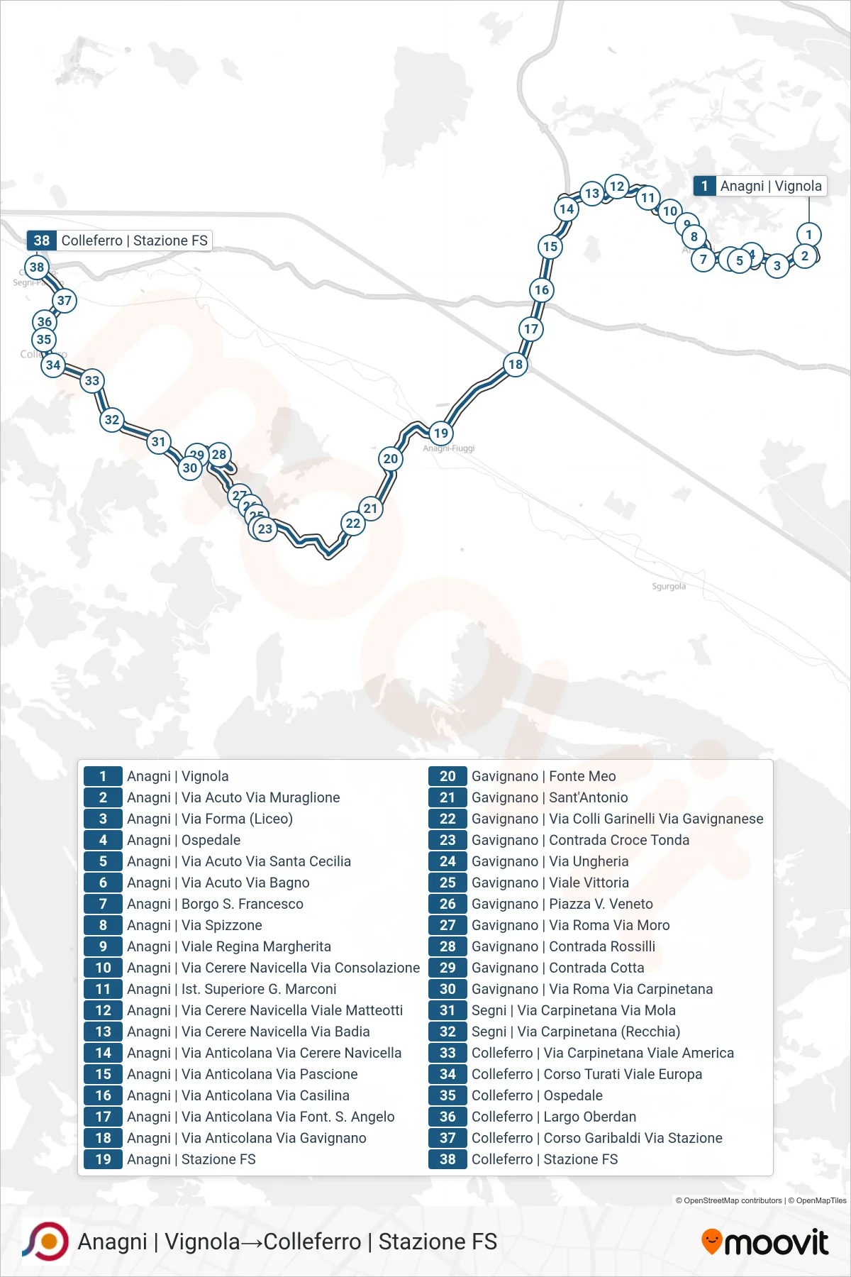 Linea COTRAL bus (Anagni | Vignola→Colleferro | Stazione FS) - Percorsi e fermate sulla mappa