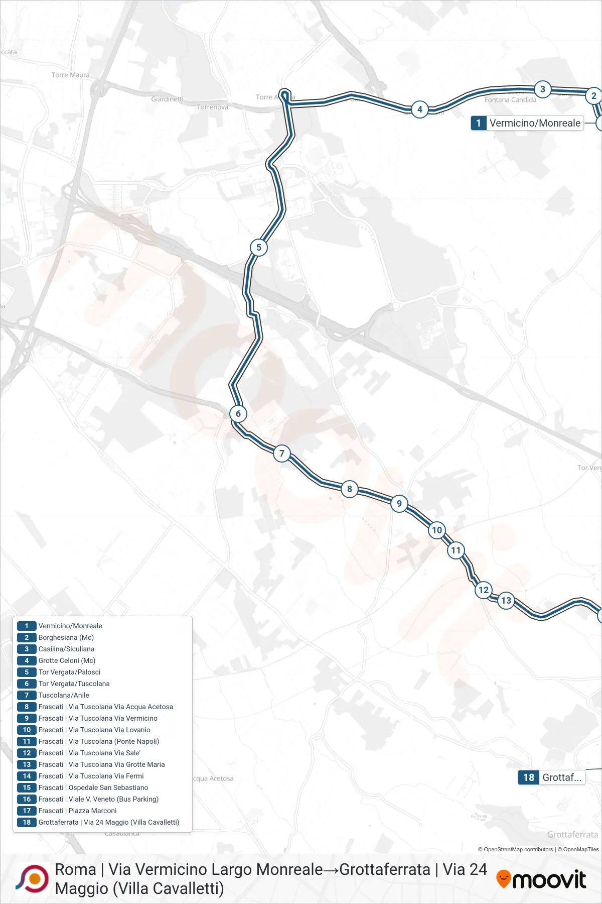 Linea COTRAL bus (Roma | Via Vermicino Largo Monreale→Grottaferrata | Via 24 Maggio (Villa Cavalletti)) - Percorsi e fermate sulla mappa