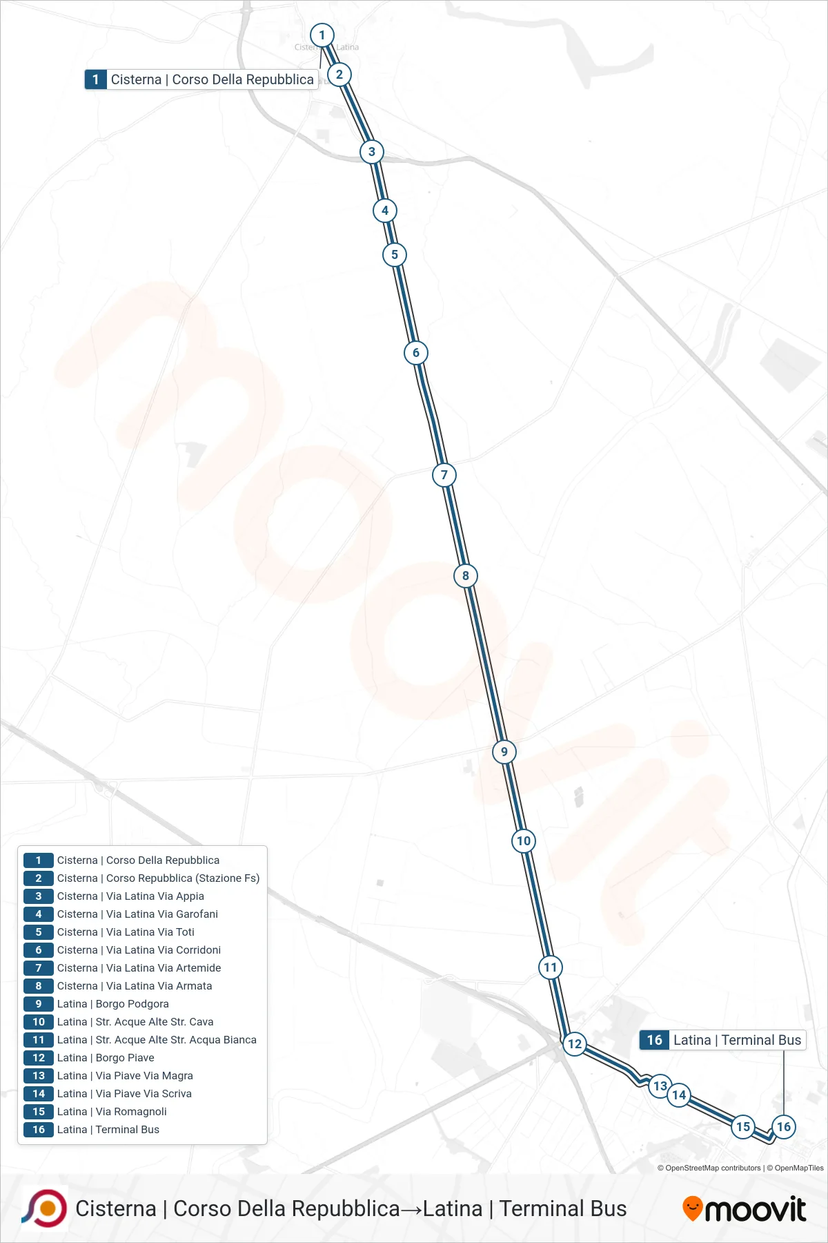 Linea COTRAL bus (Cisterna | Corso Della Repubblica→Latina | Terminal Bus) - Percorsi e fermate sulla mappa