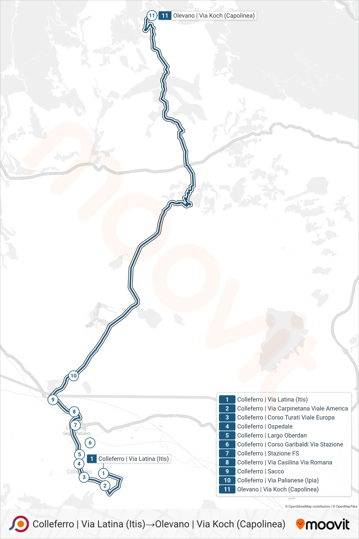 Linea COTRAL bus (Colleferro | Via Latina (Itis)→Olevano | Via Koch (Capolinea)) - Percorsi e fermate sulla mappa