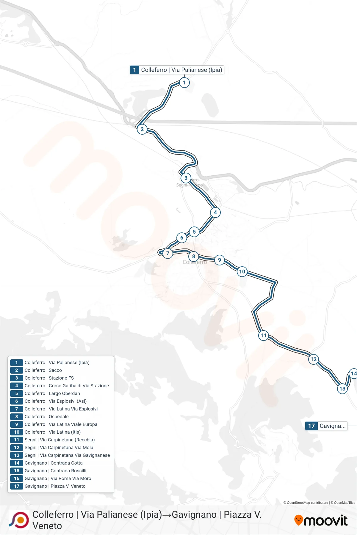 Linea COTRAL bus (Colleferro | Via Palianese (Ipia)→Gavignano | Piazza V. Veneto) - Percorsi e fermate sulla mappa