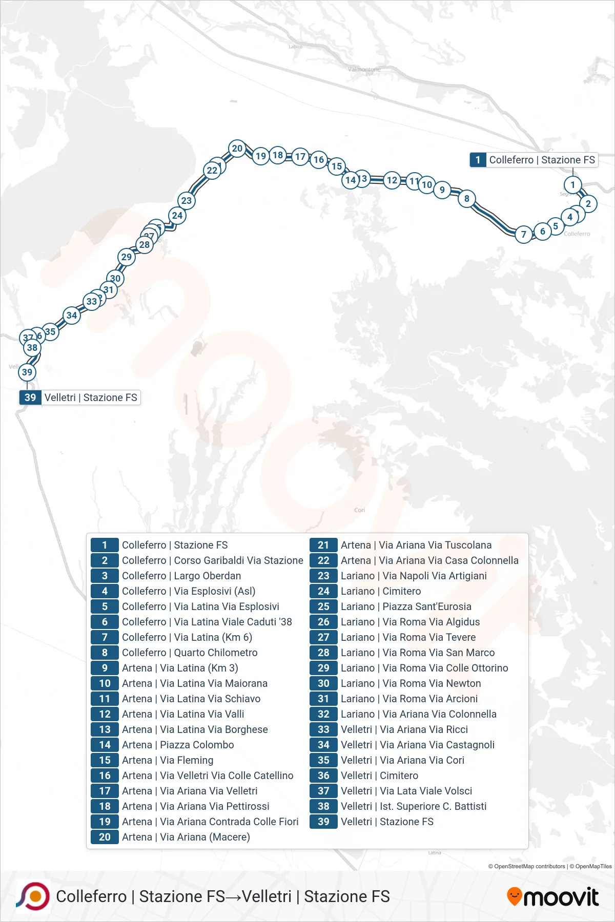Linea COTRAL bus (Colleferro | Stazione FS→Velletri | Stazione FS) - Percorsi e fermate sulla mappa