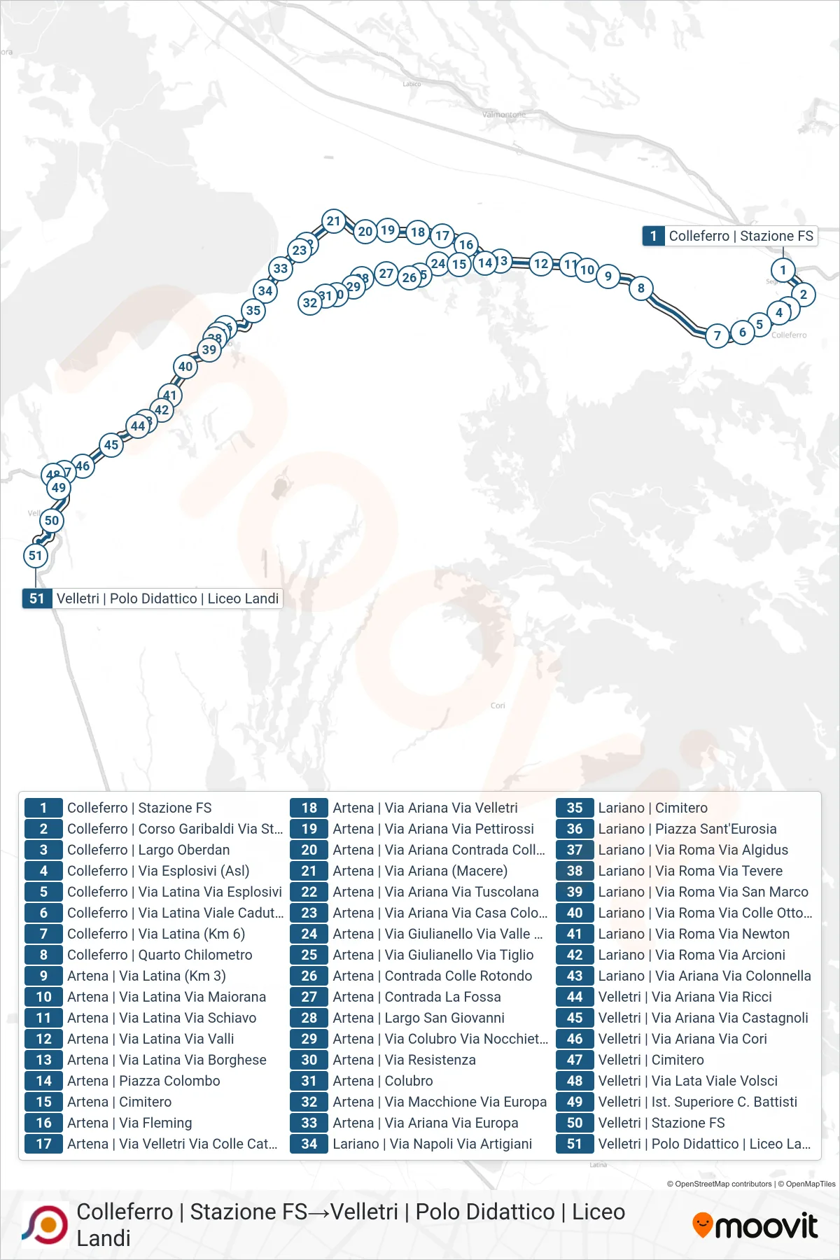 COTRAL bus Line (Colleferro | Railway Station‎→Velletri | Educational Center | Landi High School) route and stops on a map