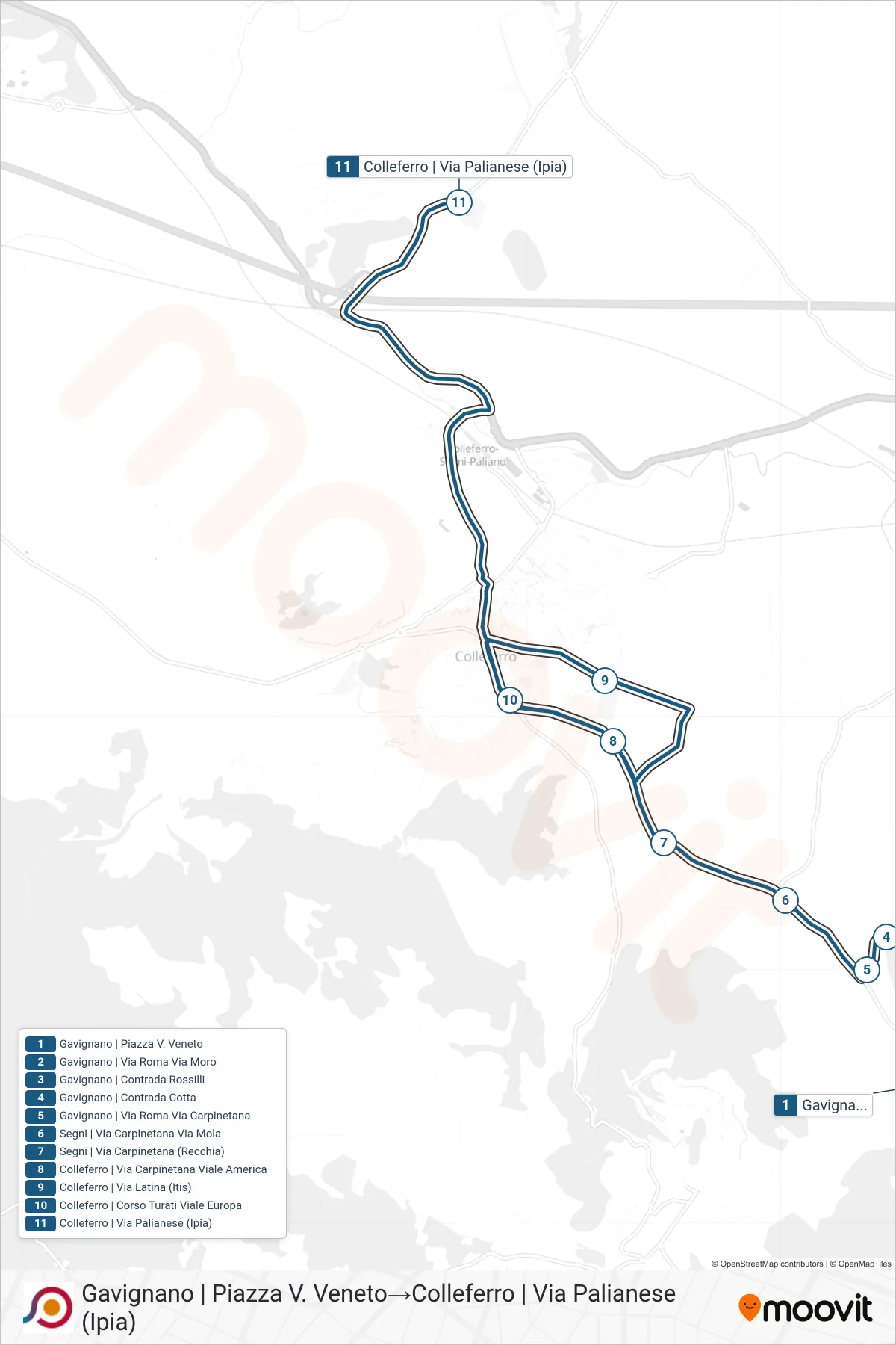 Linea COTRAL bus (Gavignano | Piazza V. Veneto→Colleferro | Via Palianese (Ipia)) - Percorsi e fermate sulla mappa