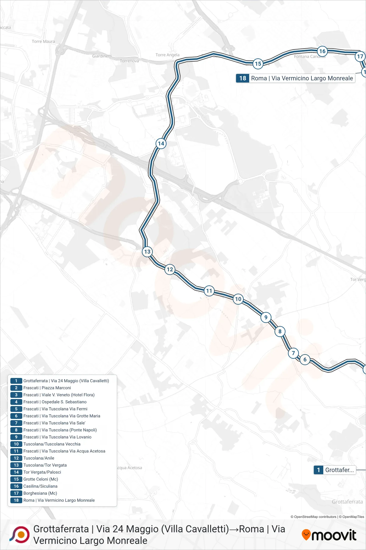 Linea COTRAL bus (Grottaferrata | Via 24 Maggio (Villa Cavalletti)→Roma | Via Vermicino Largo Monreale) - Percorsi e fermate sulla mappa