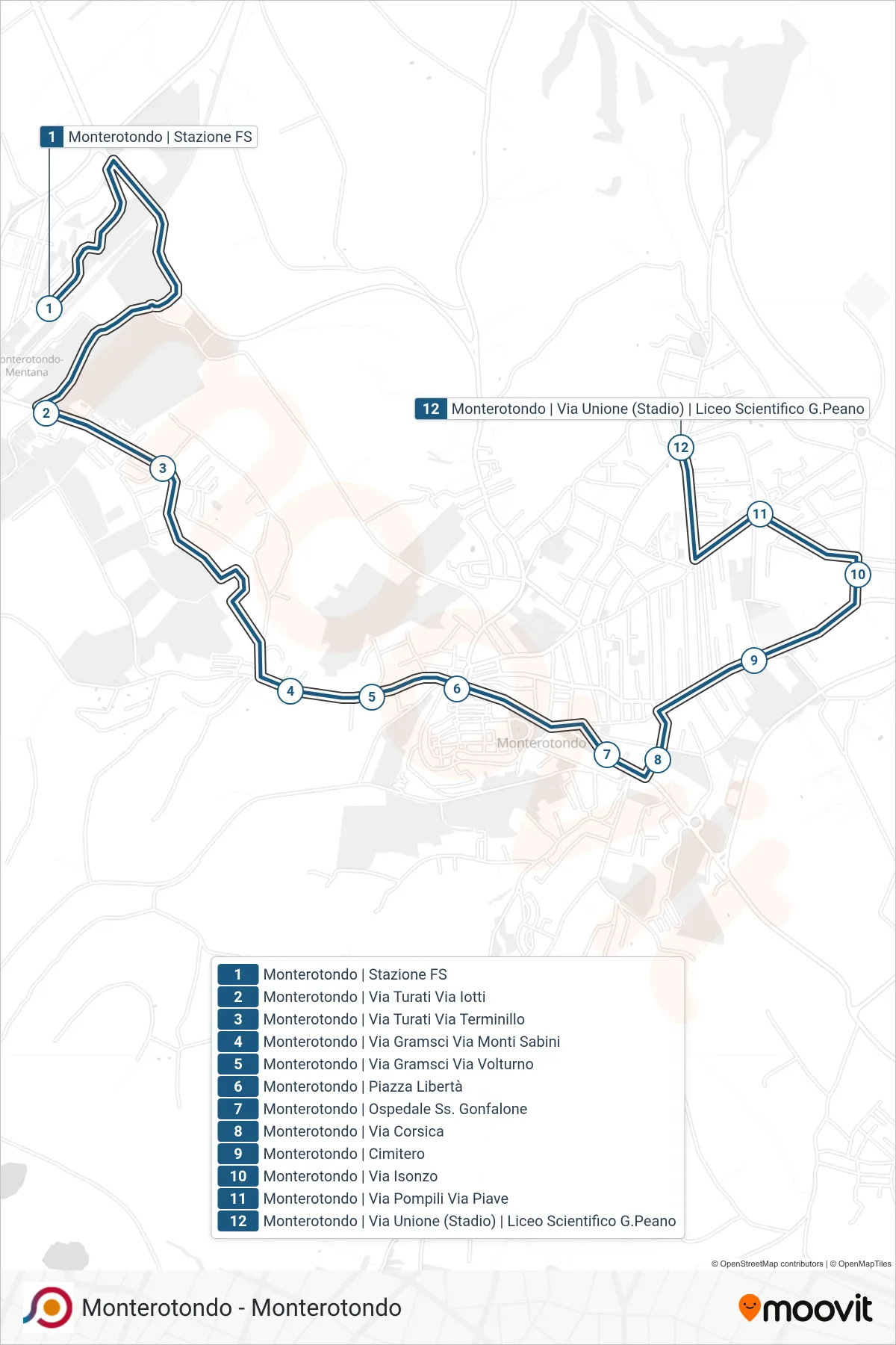 Linea COTRAL bus (Monterotondo | Stazione FS→Monterotondo | Via Unione (Stadio) | Liceo Scientifico G.Peano) - Percorsi e fermate sulla mappa