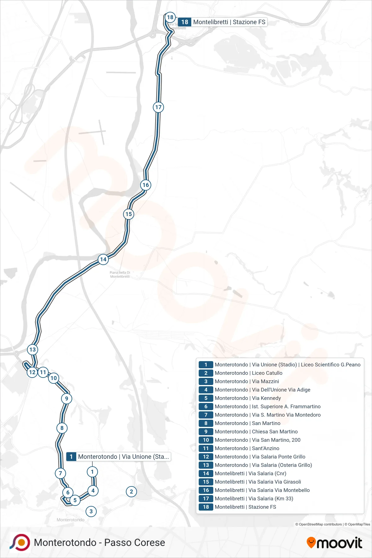 Linea COTRAL bus (Monterotondo | Via Unione (Stadio) | Liceo Scientifico G.Peano→Montelibretti | Stazione FS) - Percorsi e fermate sulla mappa