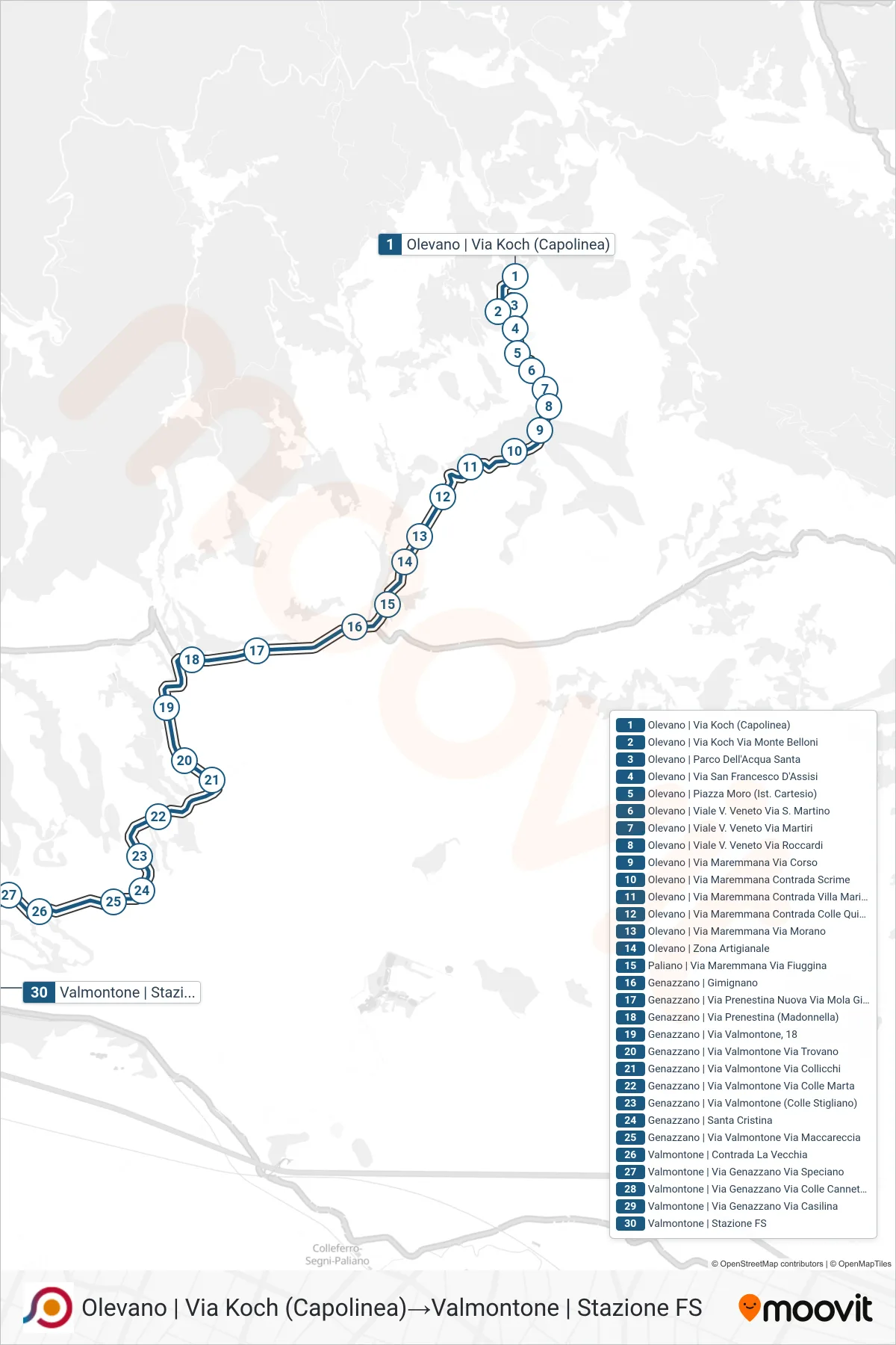 Linea COTRAL bus (Olevano | Via Koch (Capolinea)→Valmontone | Stazione FS) - Percorsi e fermate sulla mappa