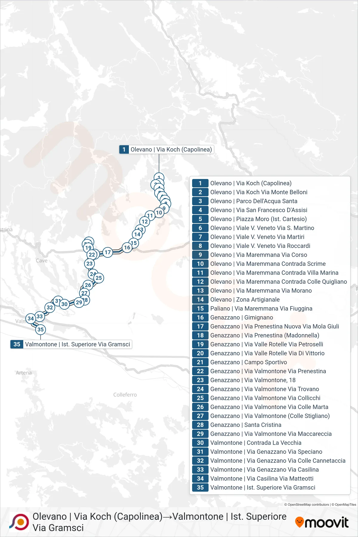 Linea COTRAL bus (Olevano | Via Koch (Capolinea)→Valmontone | Ist. Superiore Via Gramsci) - Percorsi e fermate sulla mappa