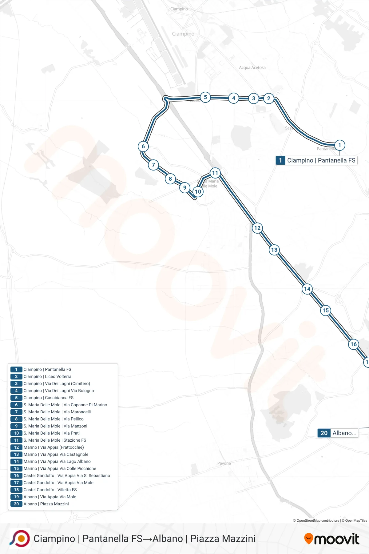 Linea COTRAL bus (Ciampino | Pantanella FS→Albano | Piazza Mazzini) - Percorsi e fermate sulla mappa