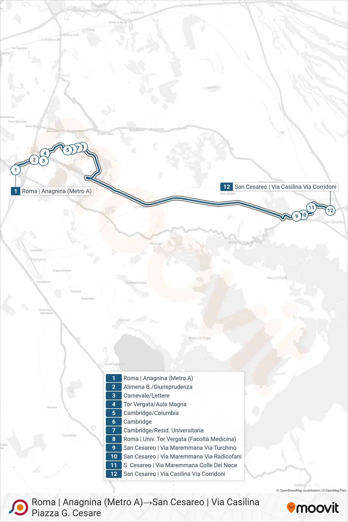 Linea COTRAL bus (Roma | Anagnina (Metro A)→San Cesareo | Via Casilina Piazza G. Cesare) - Percorsi e fermate sulla mappa