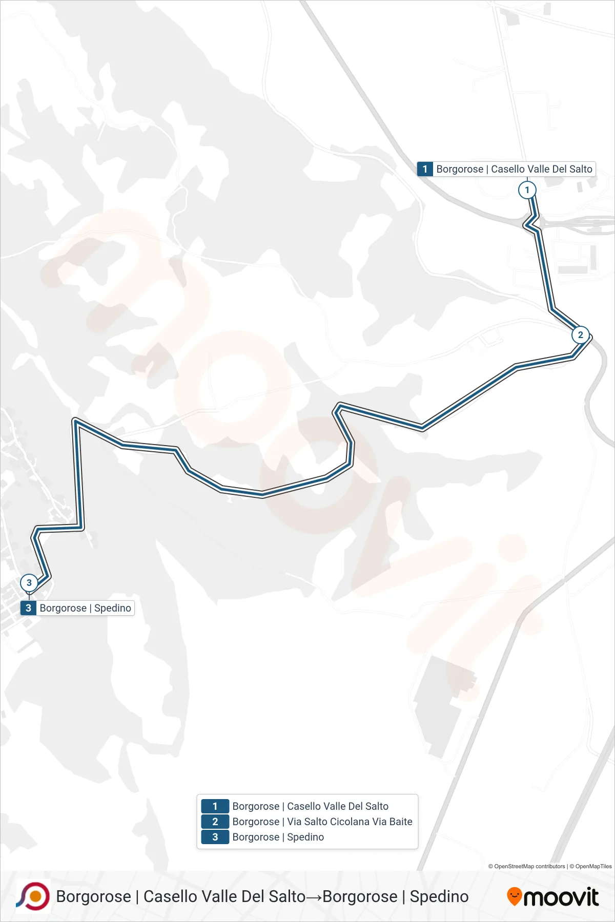 COTRAL bus Line (Borgorose | Valle Del Salto Toll→Borgorose | Spedino) route and stops on a map