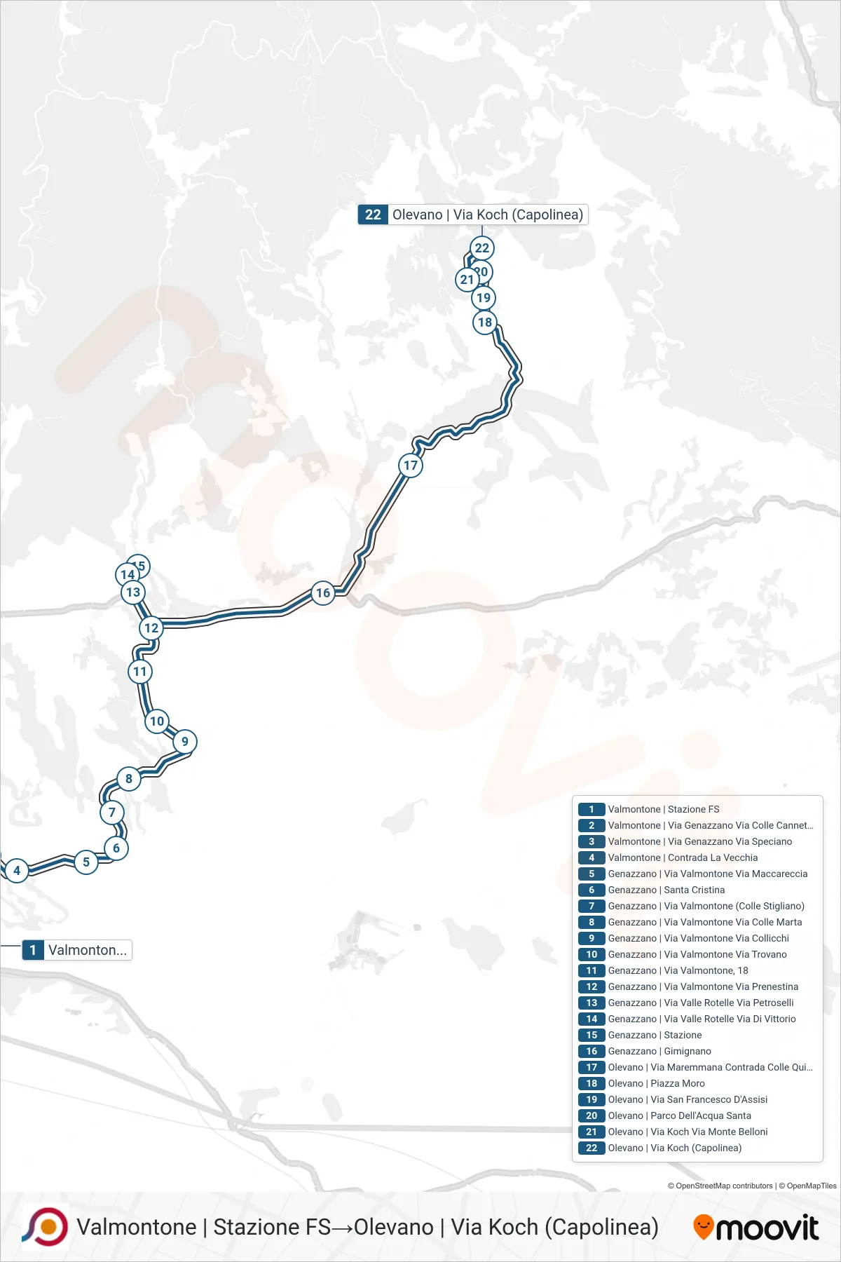 Linea COTRAL bus (Valmontone | Stazione FS→Olevano | Via Koch (Capolinea)) - Percorsi e fermate sulla mappa