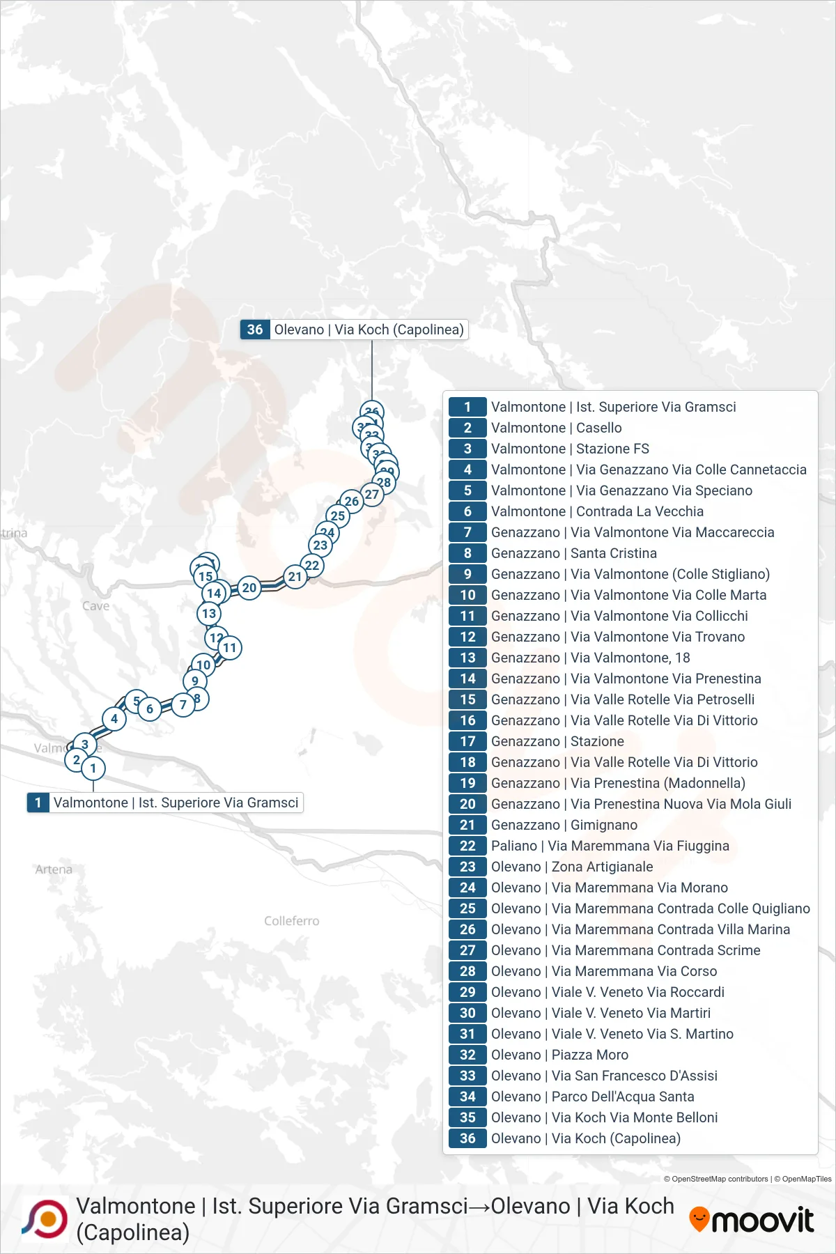 Linea COTRAL bus (Valmontone | Ist. Superiore Via Gramsci→Olevano | Via Koch (Capolinea)) - Percorsi e fermate sulla mappa