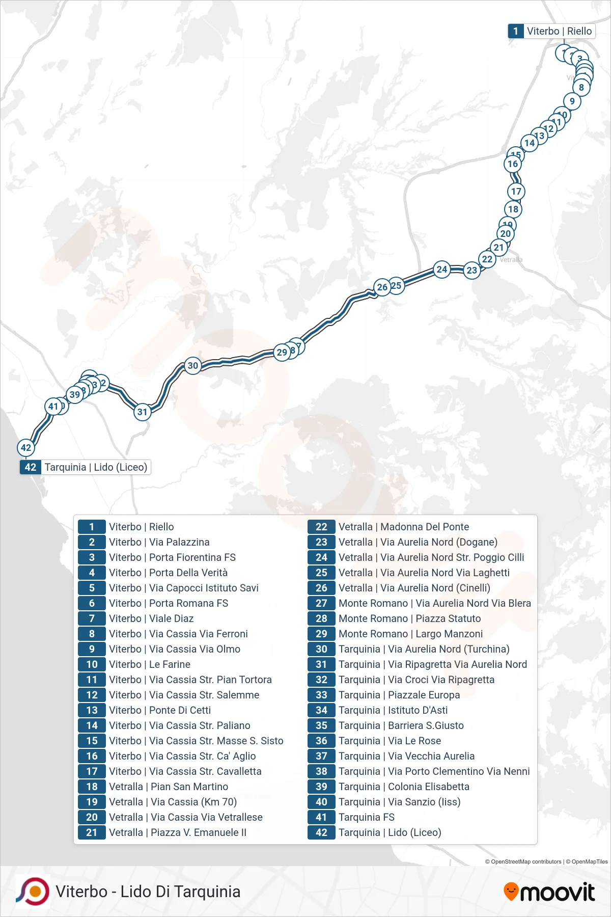 Linea COTRAL bus (Viterbo | Riello→Tarquinia | Lido (Liceo)) - Percorsi e fermate sulla mappa