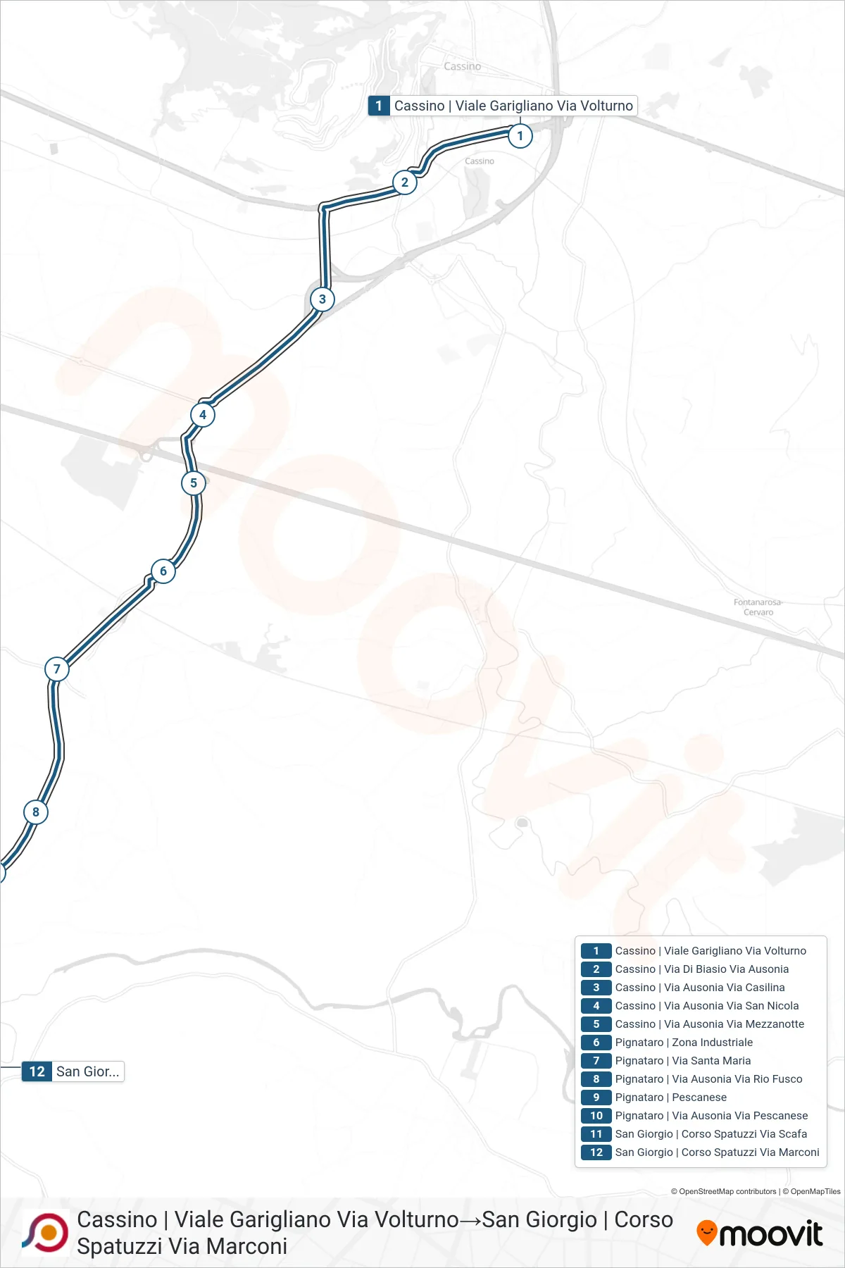 Linea COTRAL bus (Cassino | Viale Garigliano Via Volturno→San Giorgio | Corso Spatuzzi Via Marconi) - Percorsi e fermate sulla mappa