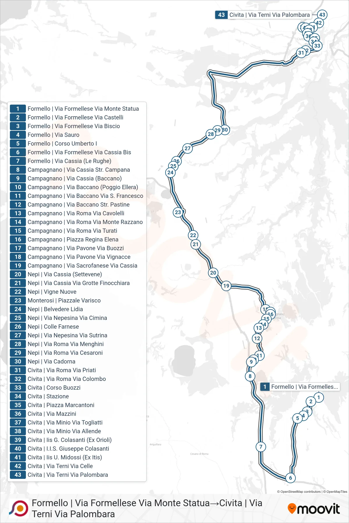 Linea COTRAL bus (Formello | Via Formellese Via Monte Statua→Civita | Via Terni Via Palombara) - Percorsi e fermate sulla mappa
