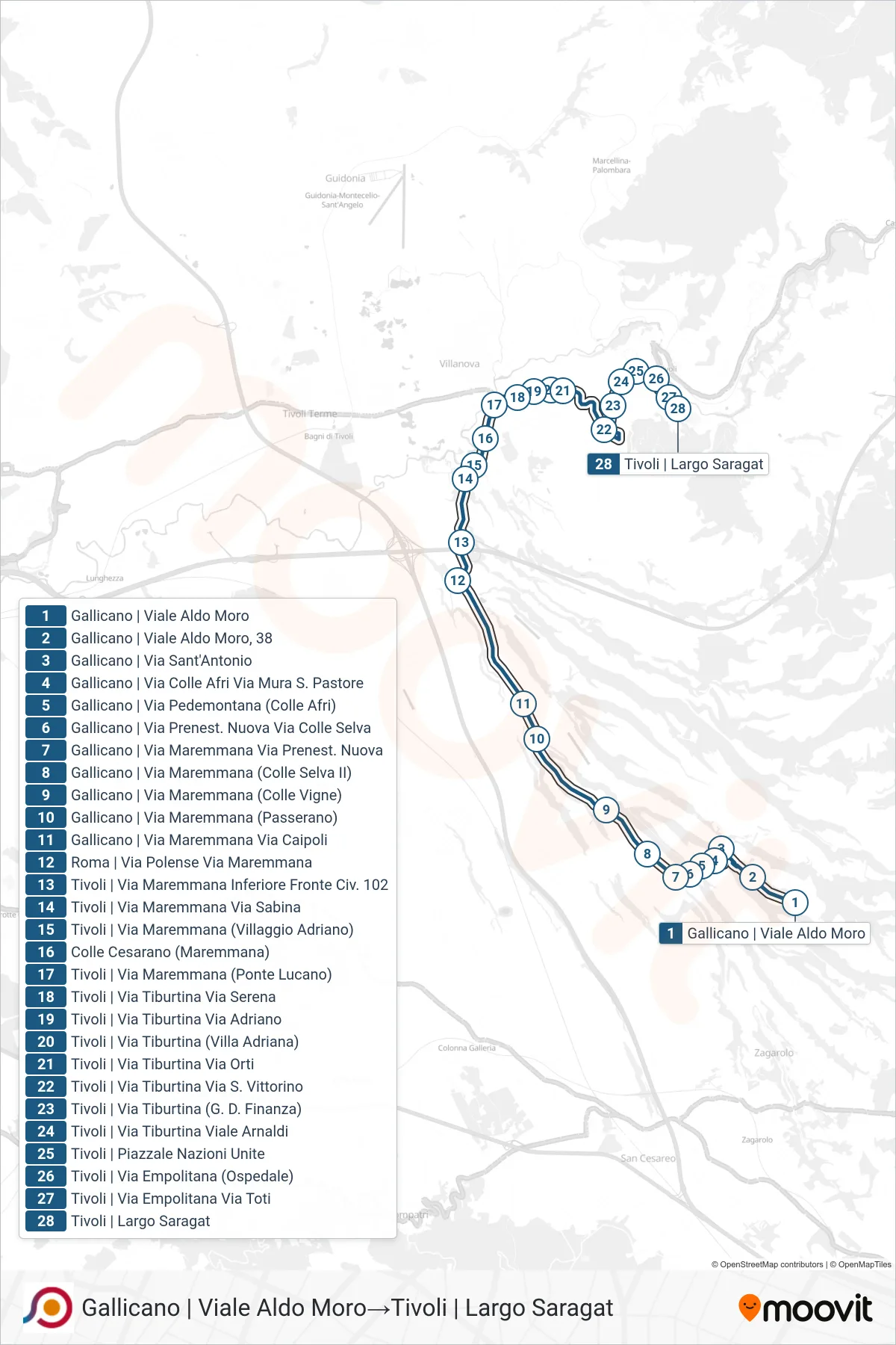 Linea COTRAL  bus (Gallicano | Viale Aldo Moro‎→Tivoli | Largo Saragat) - Percorsi e fermate sulla mappa