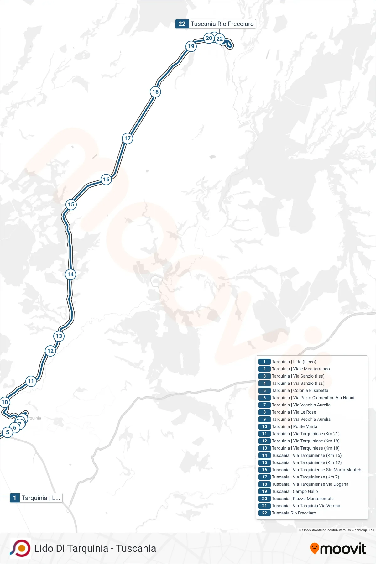 Linea COTRAL bus (Tarquinia | Lido (Liceo)→Tuscania Rio Frecciaro) - Percorsi e fermate sulla mappa