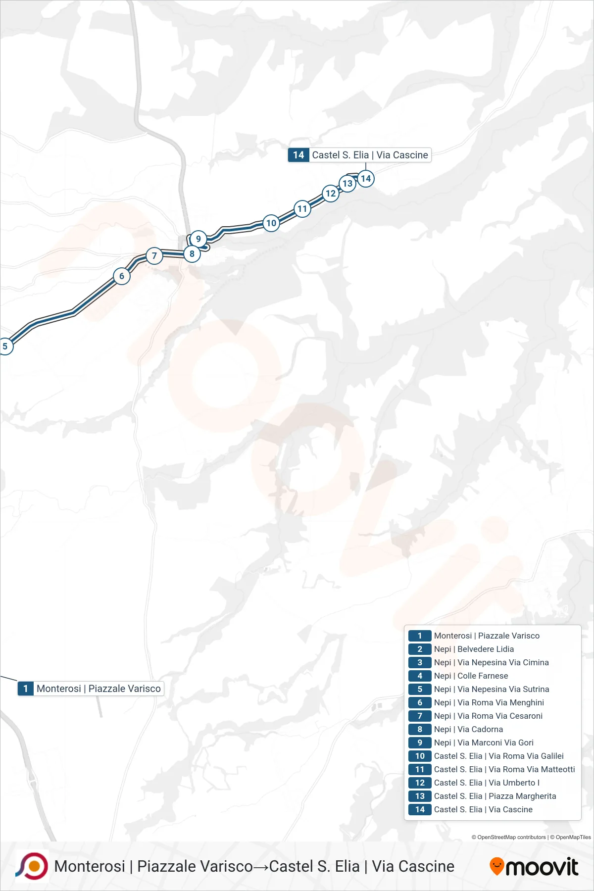 Linea COTRAL bus (Monterosi | Piazzale Varisco→Castel S. Elia | Via Cascine) - Percorsi e fermate sulla mappa