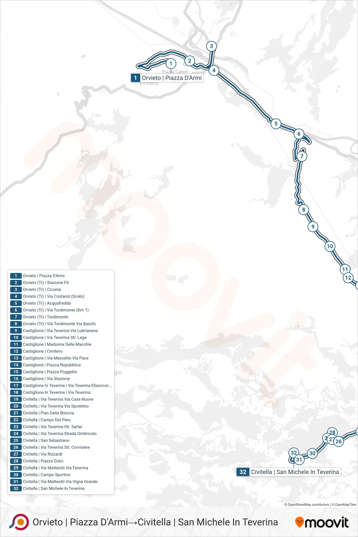 Linea COTRAL bus (Orvieto | Piazza D'Armi→Civitella | San Michele In Teverina) - Percorsi e fermate sulla mappa