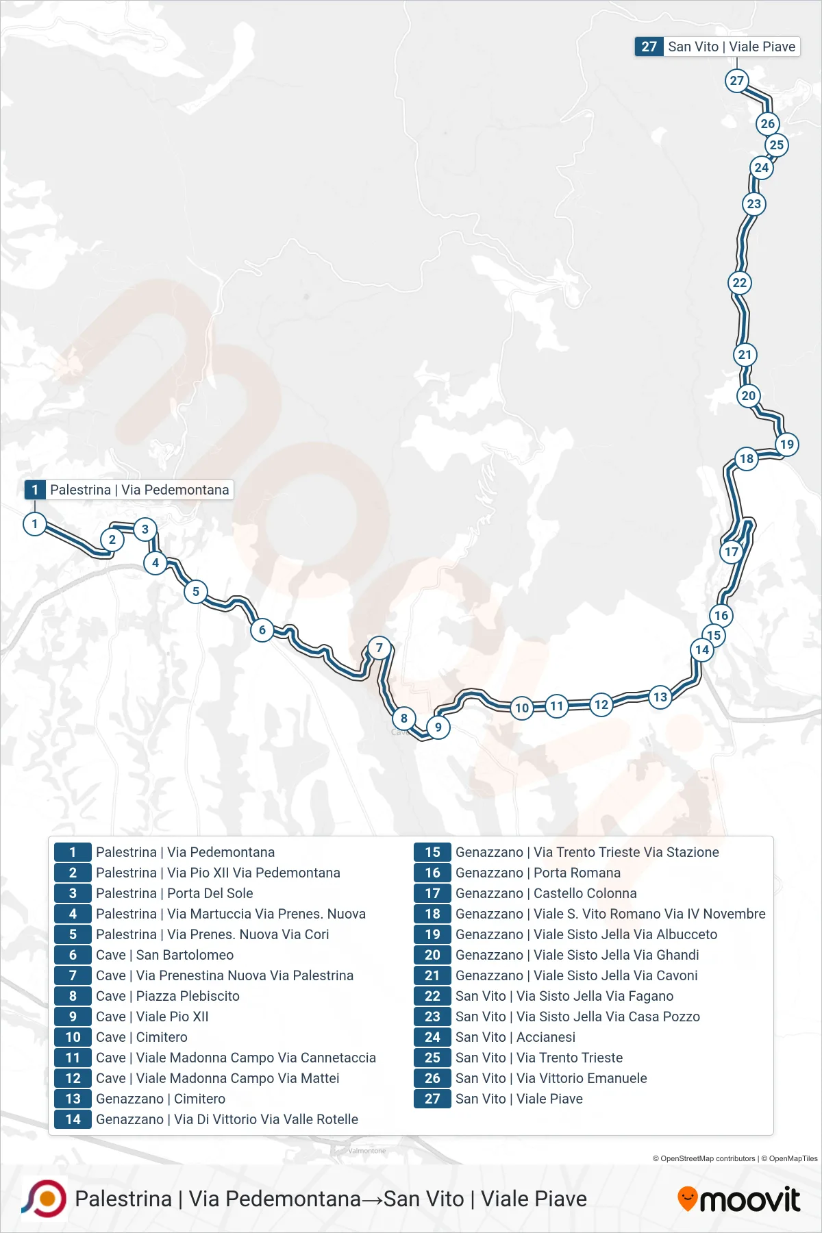 Linea COTRAL bus (Palestrina | Via Pedemontana→San Vito | Viale Piave) - Percorsi e fermate sulla mappa