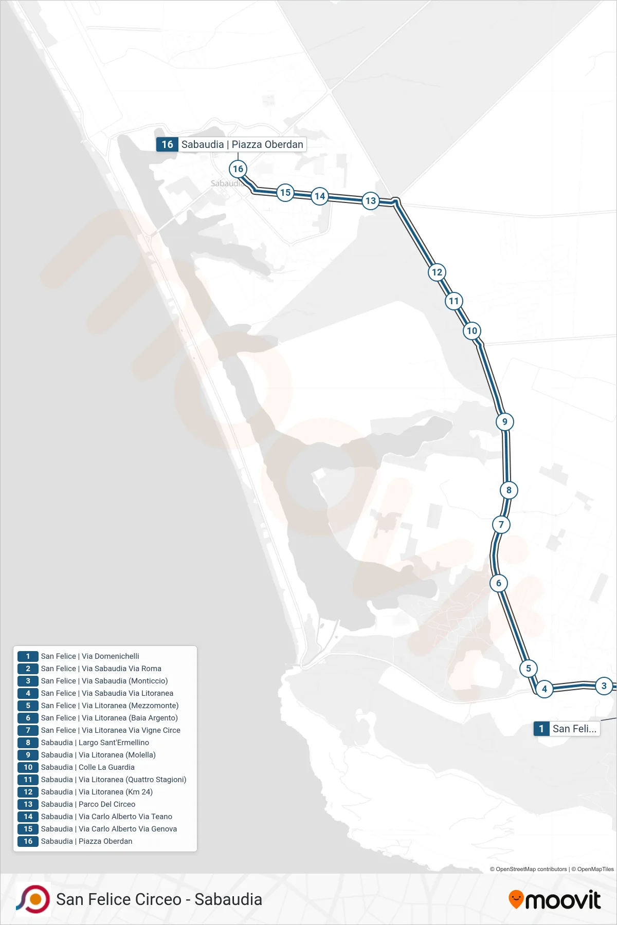 Linea COTRAL bus (San Felice | Via Domenichelli→Sabaudia | Piazza Oberdan) - Percorsi e fermate sulla mappa