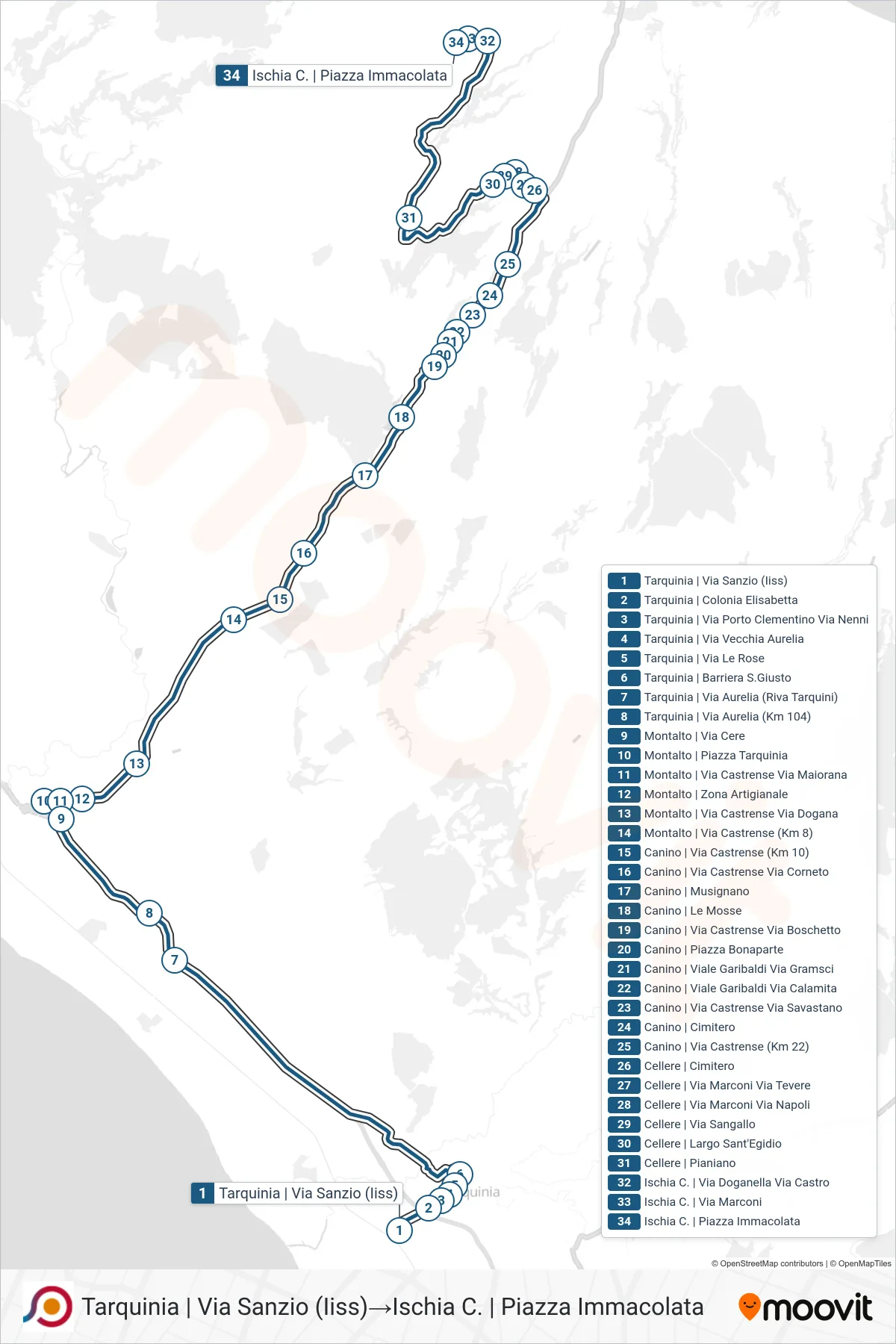 Linea COTRAL bus (Tarquinia | Via Sanzio (Iiss)→Ischia C. | Piazza Immacolata) - Percorsi e fermate sulla mappa