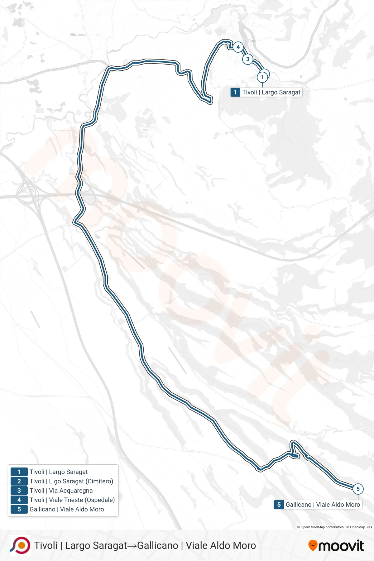 Linea COTRAL bus (Tivoli | Largo Saragat→Gallicano | Viale Aldo Moro) - Percorsi e fermate sulla mappa