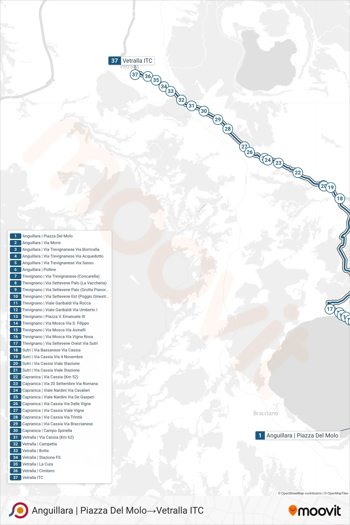 Linea COTRAL  bus (Anguillara | Piazza Del Molo‎→Vetralla ITC) - Percorsi e fermate sulla mappa