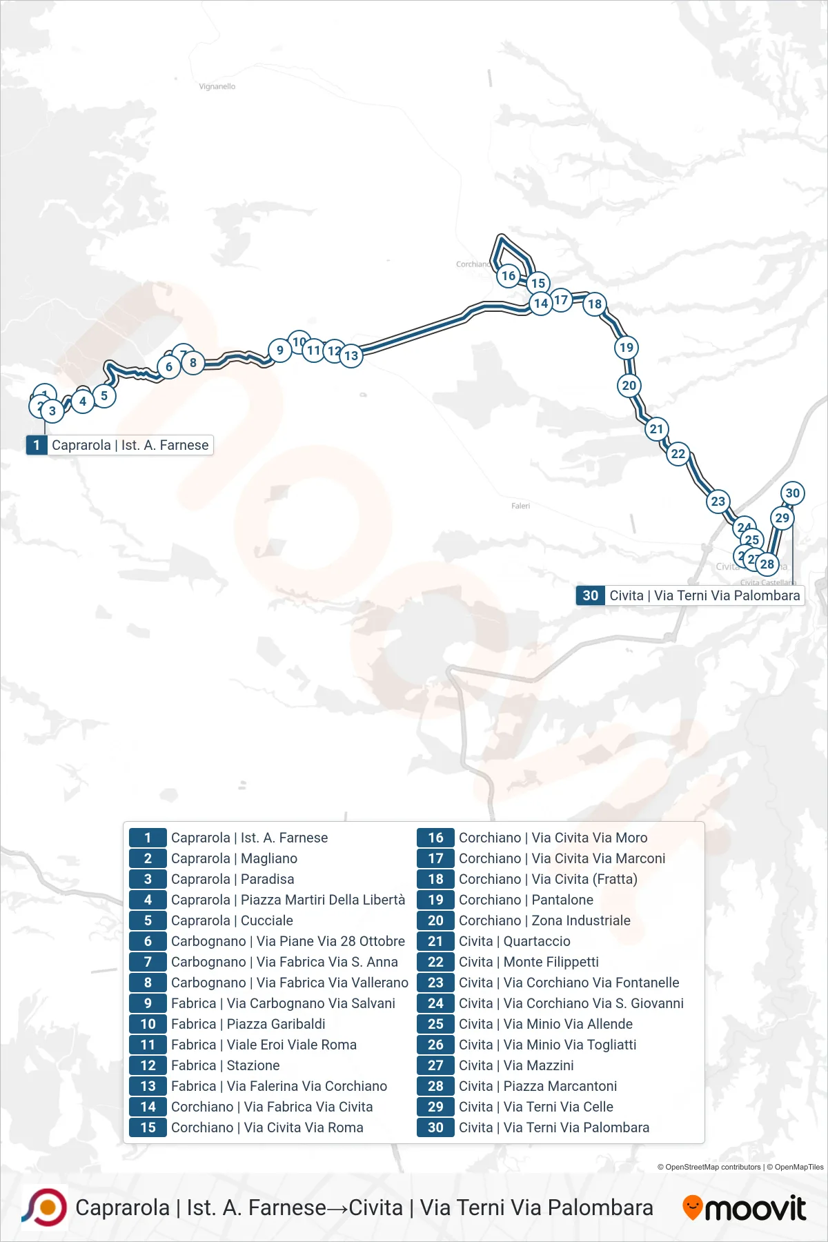 Linea COTRAL bus (Caprarola | Ist. A. Farnese→Civita | Via Terni Via Palombara) - Percorsi e fermate sulla mappa