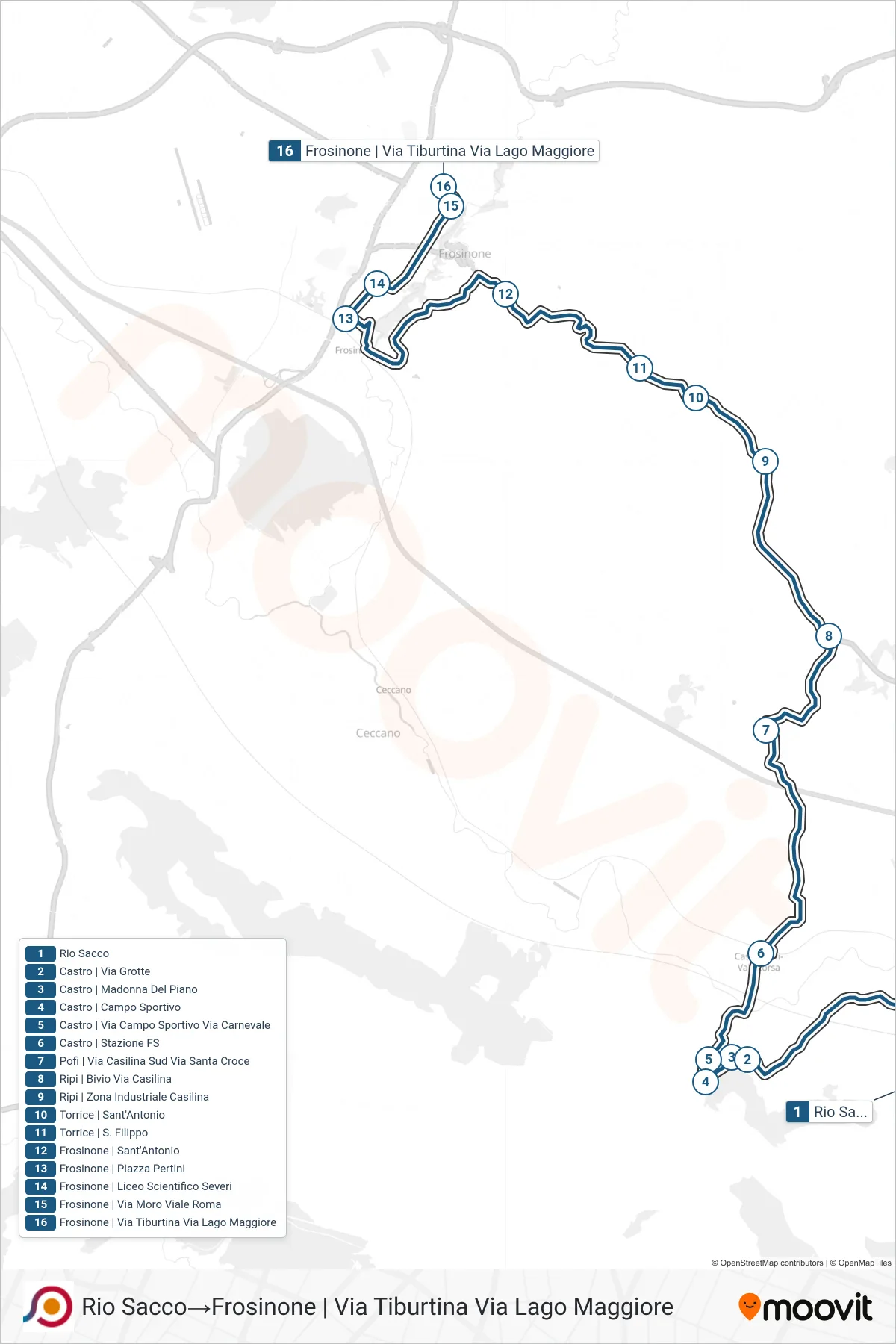 Linea COTRAL bus (Rio Sacco→Frosinone | Via Tiburtina Via Lago Maggiore) - Percorsi e fermate sulla mappa