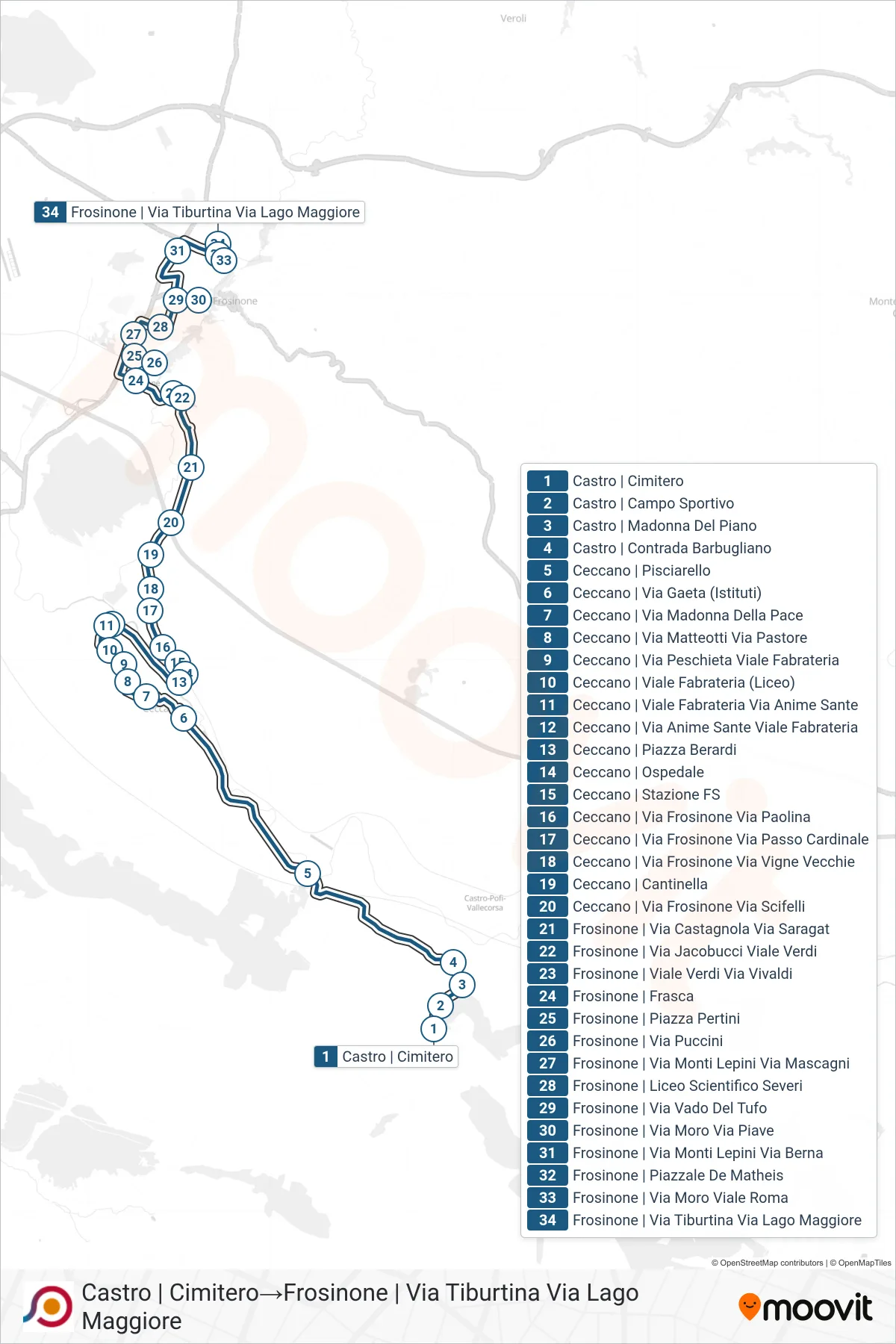 Linea COTRAL bus (Castro | Cimitero→Frosinone | Via Tiburtina Via Lago Maggiore) - Percorsi e fermate sulla mappa