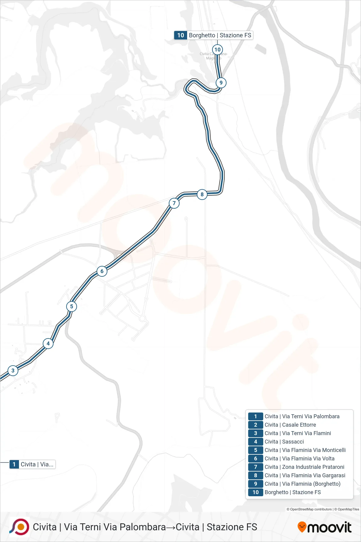 Linea COTRAL bus (Civita | Via Terni Via Palombara→Civita | Stazione FS) - Percorsi e fermate sulla mappa
