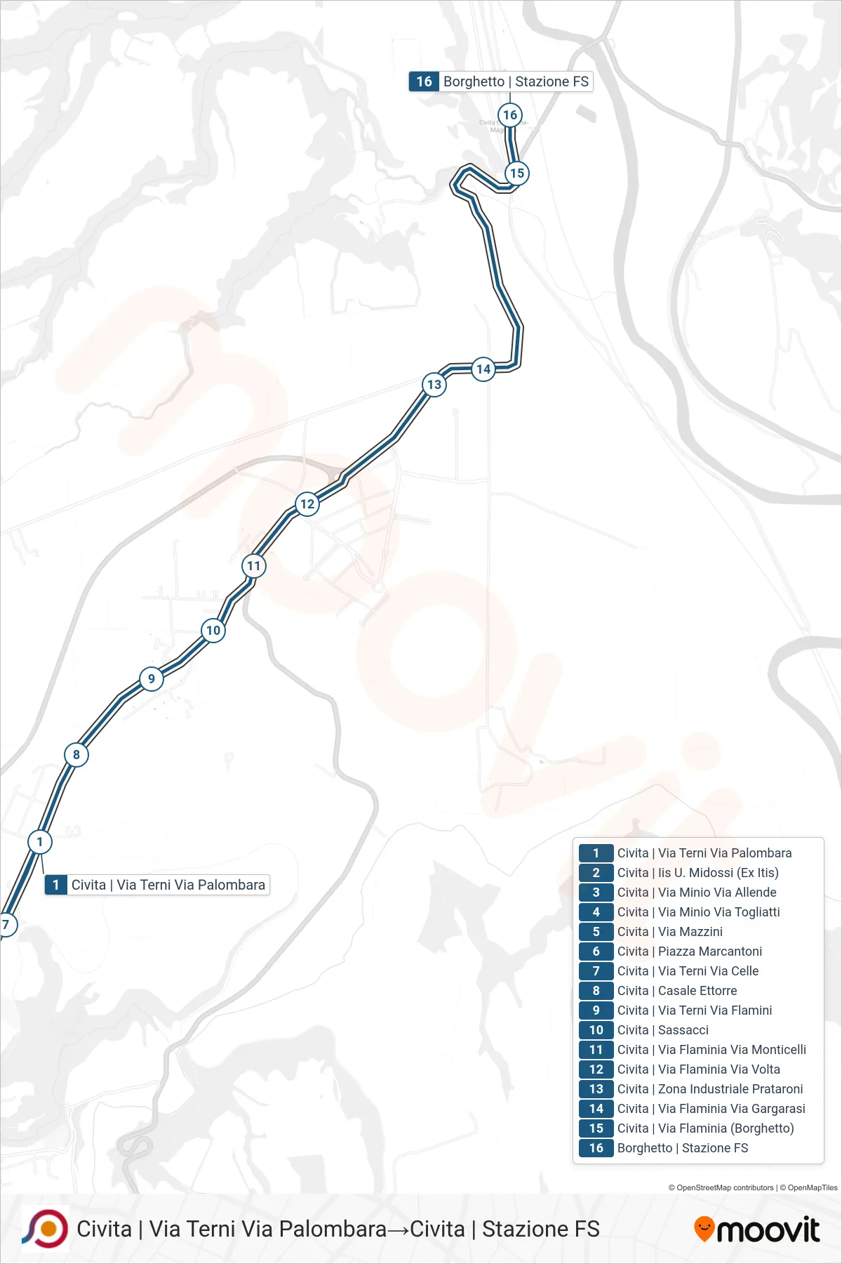 Linea COTRAL bus (Civita | Via Terni Via Palombara→Civita | Stazione FS) - Percorsi e fermate sulla mappa