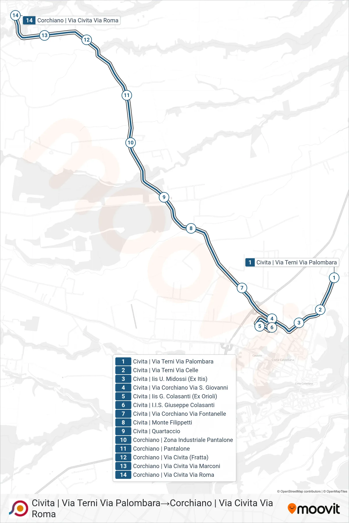 Linea COTRAL bus (Civita | Via Terni Via Palombara→Corchiano | Via Civita Via Roma) - Percorsi e fermate sulla mappa