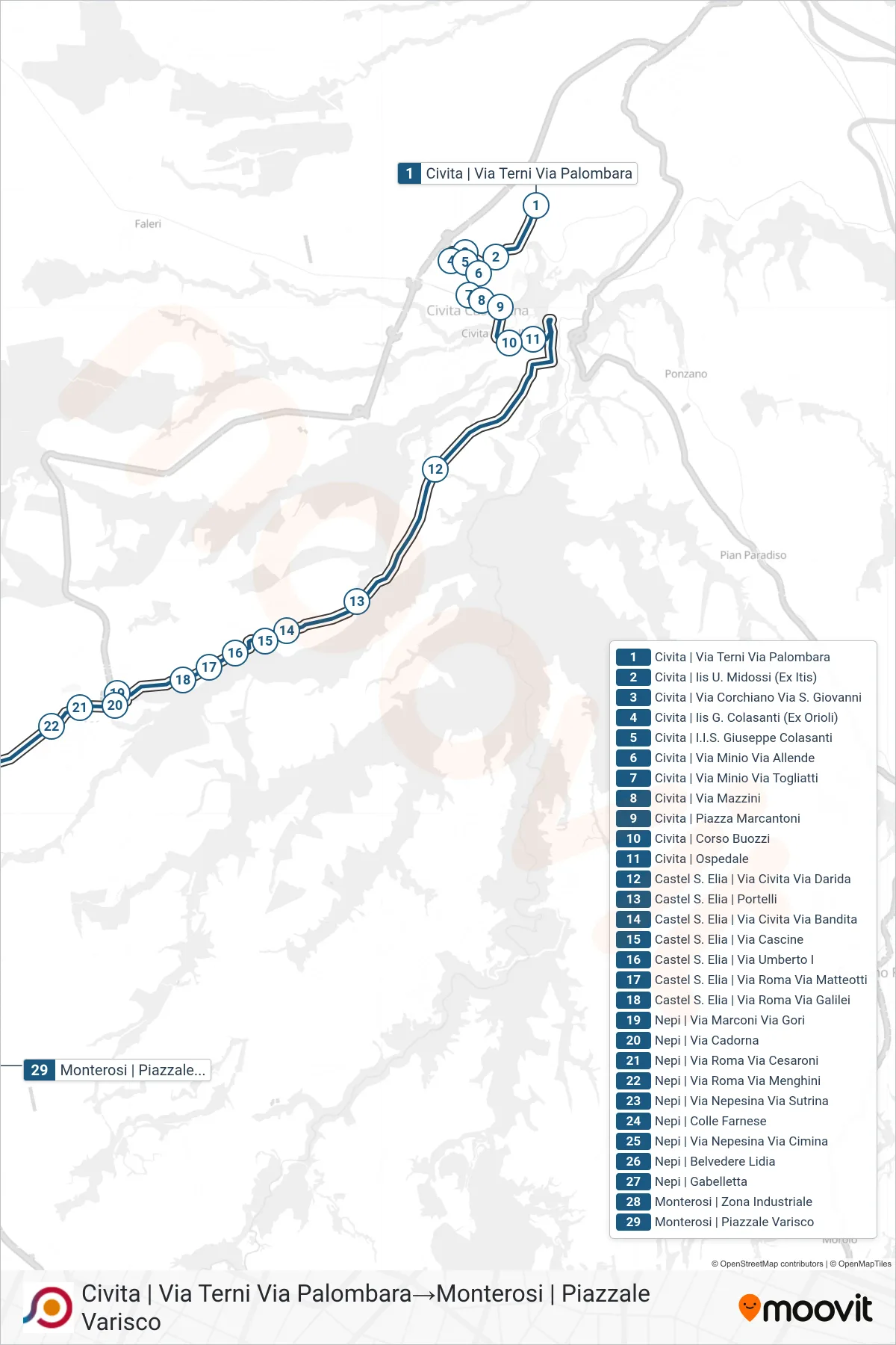 Linea COTRAL bus (Civita | Via Terni Via Palombara→Monterosi | Piazzale Varisco) - Percorsi e fermate sulla mappa