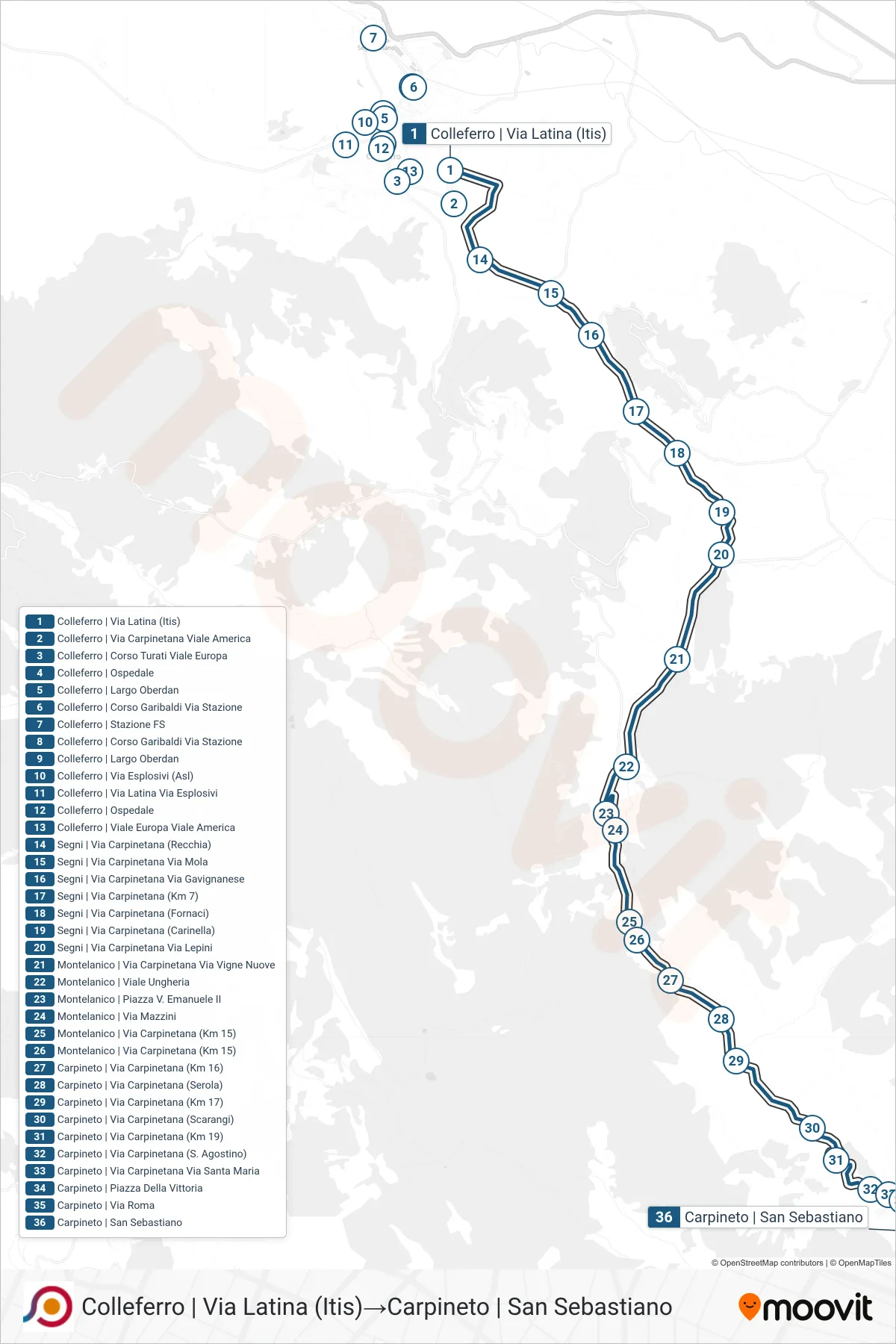 Linea COTRAL bus (Colleferro | Via Latina (Itis)→Carpineto | San Sebastiano) - Percorsi e fermate sulla mappa