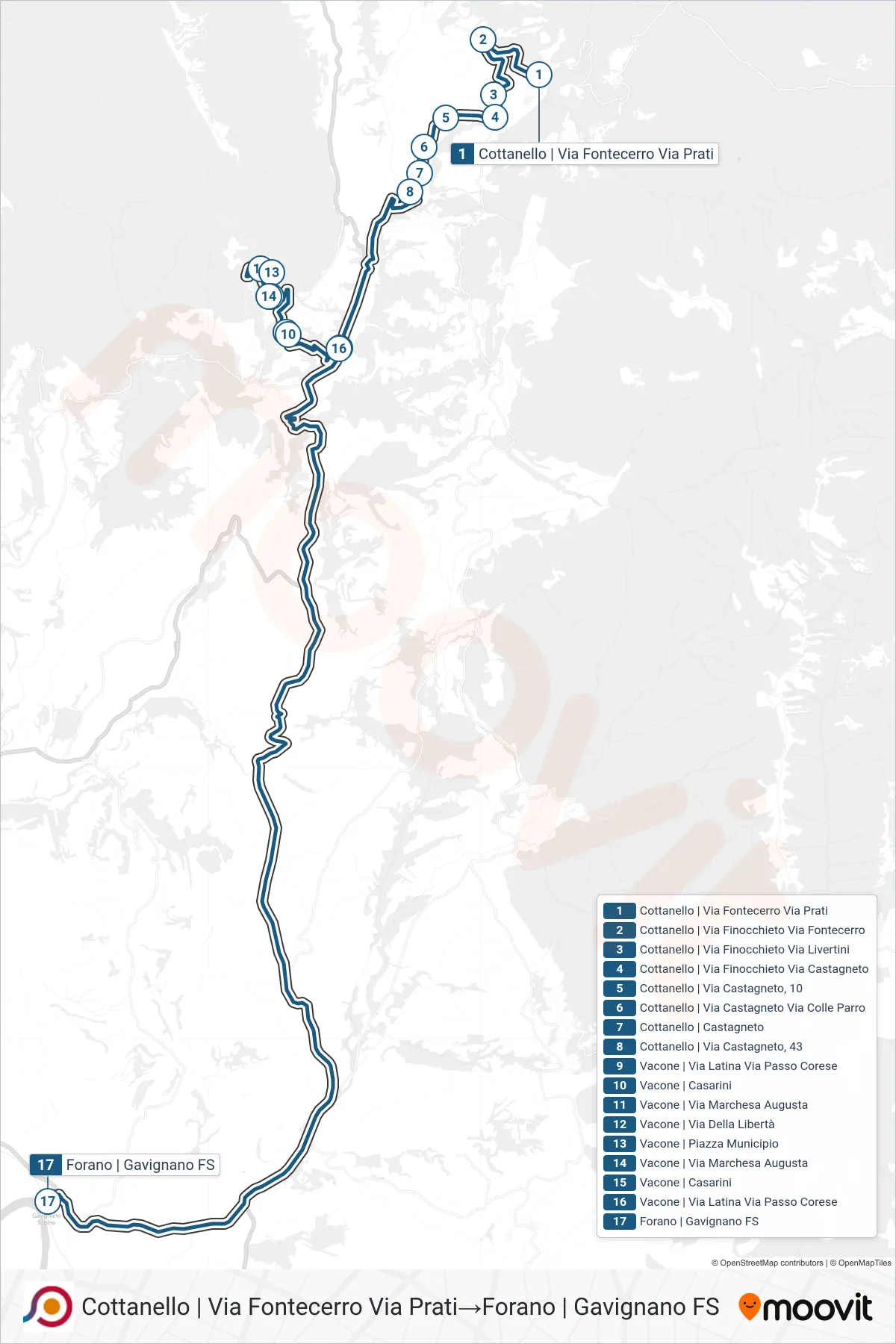 Linea COTRAL bus (Cottanello | Via Fontecerro Via Prati→Forano | Gavignano FS) - Percorsi e fermate sulla mappa