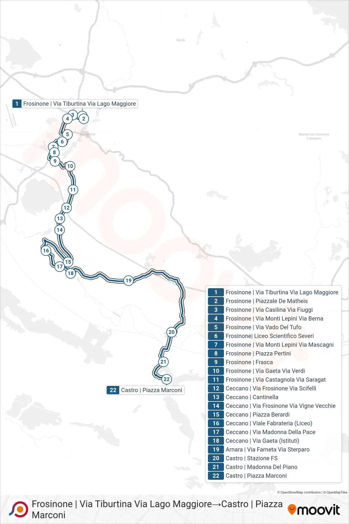 Linea COTRAL  bus (Frosinone | Via Tiburtina Via Lago Maggiore‎→Castro | Piazza Marconi) - Percorsi e fermate sulla mappa