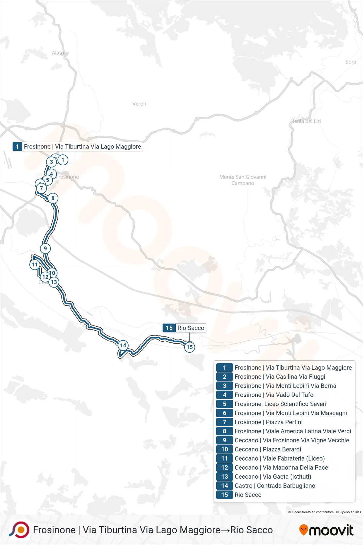 Linea COTRAL bus (Frosinone | Via Tiburtina Via Lago Maggiore→Rio Sacco) - Percorsi e fermate sulla mappa